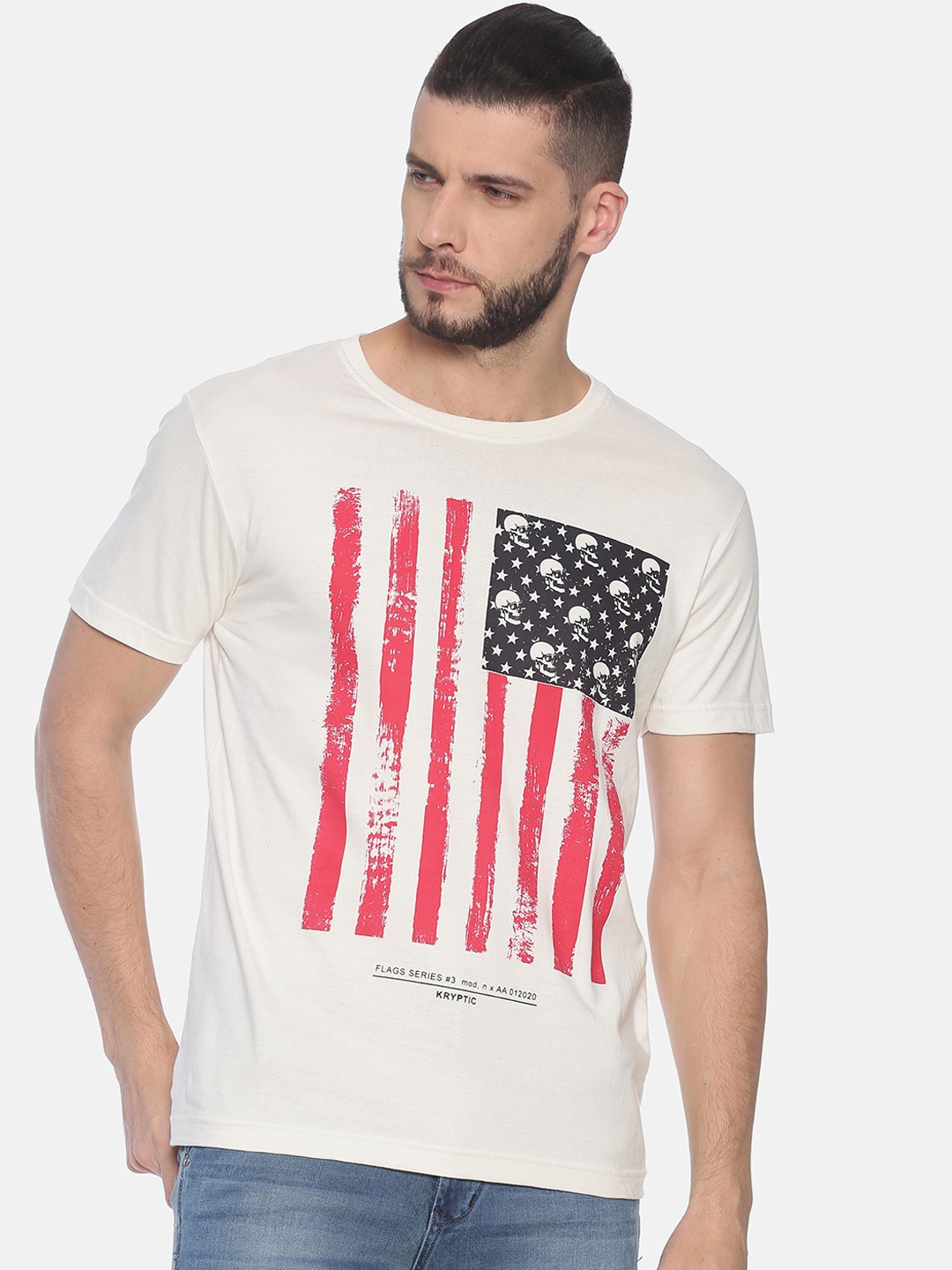 

Kryptic Men Off-White Red Printed Round Neck Pure Cotton T-shirt