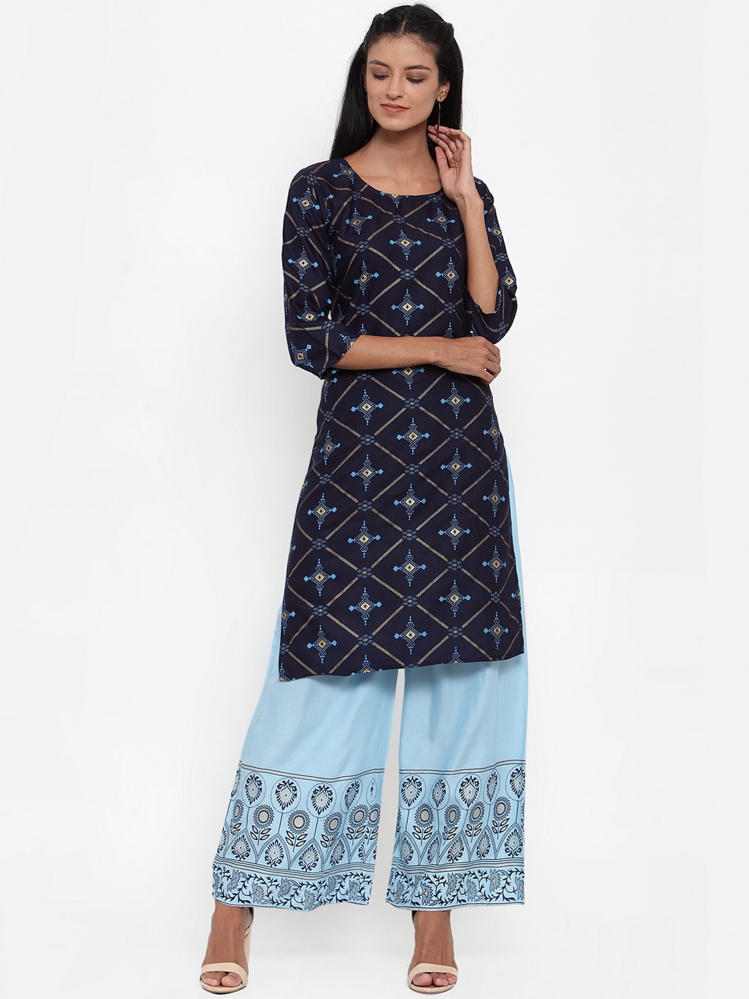 

ANAISA Women Navy Blue & Turquoise Blue Printed Kurti with Palazzos