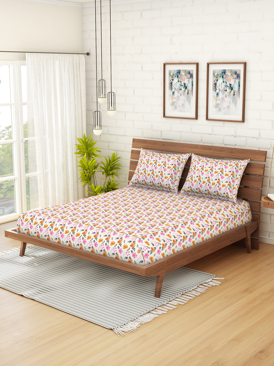 

CORE Designed by SPACES Pink & White Floral 210 TC Cotton 1 Queen Bedsheet with 2 Pillow Covers