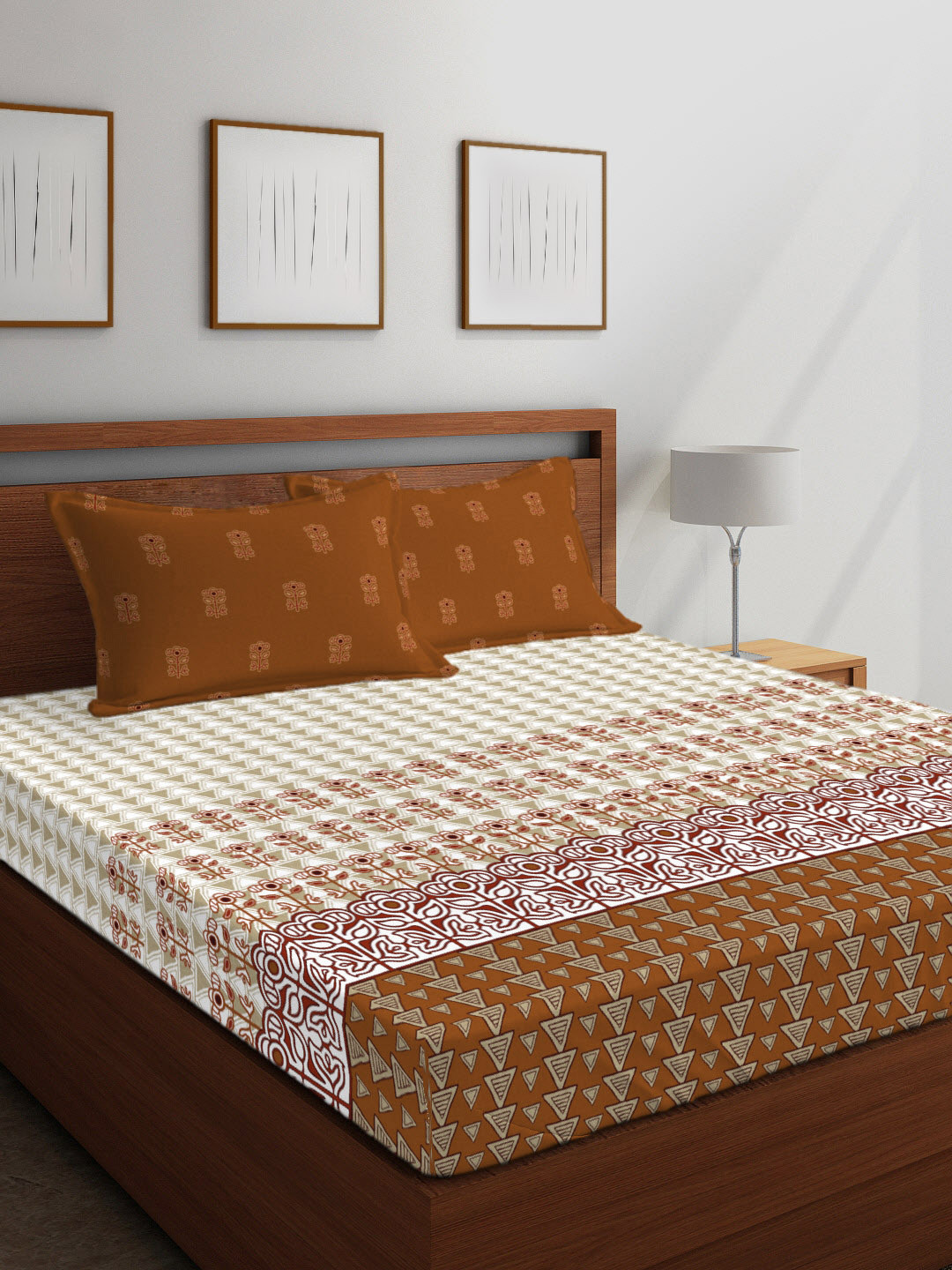 

Boutique Living India Brown Ethnic Motifs 210 TC Cotton 1 King Bedsheet with 2 Pillow Covers