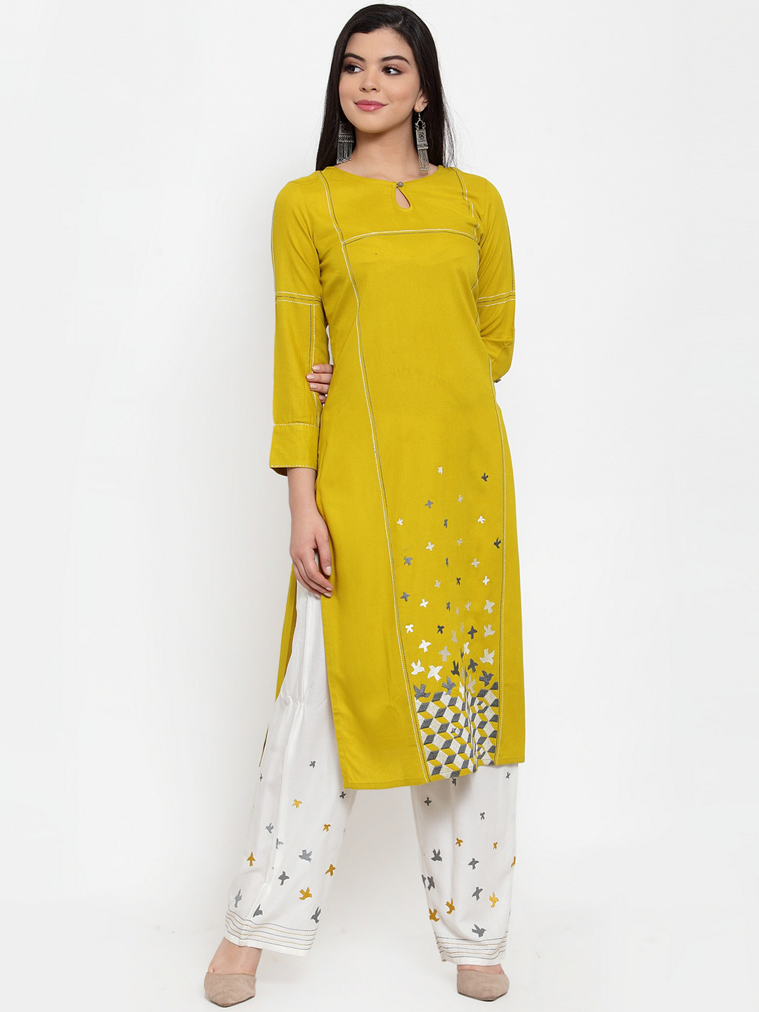 

ANAISA Women Mustard & White Embroidered Kurta with Embroidered Palazzos
