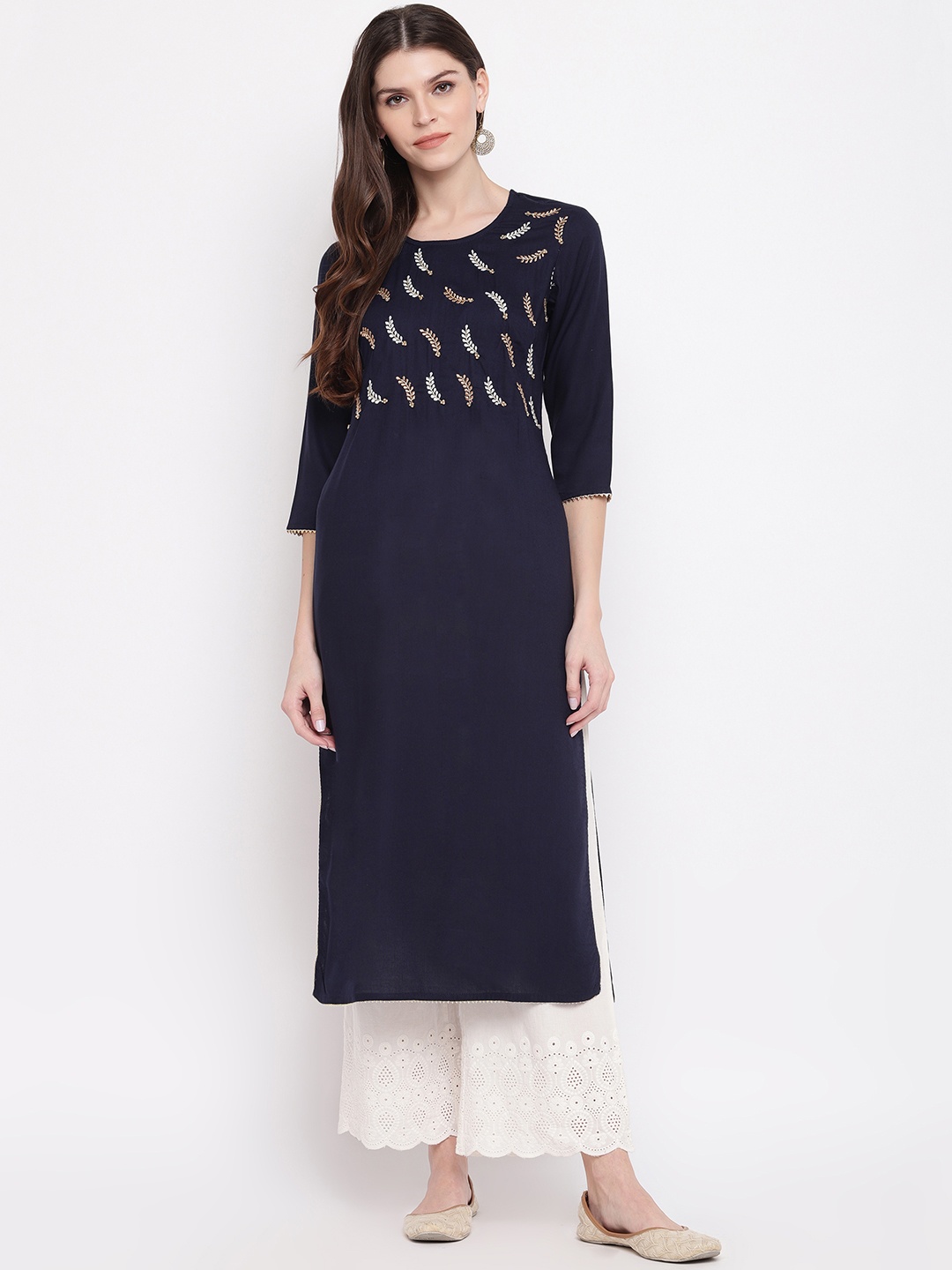 

Vbuyz Women Navy Blue Yoke Design Straight Kurta
