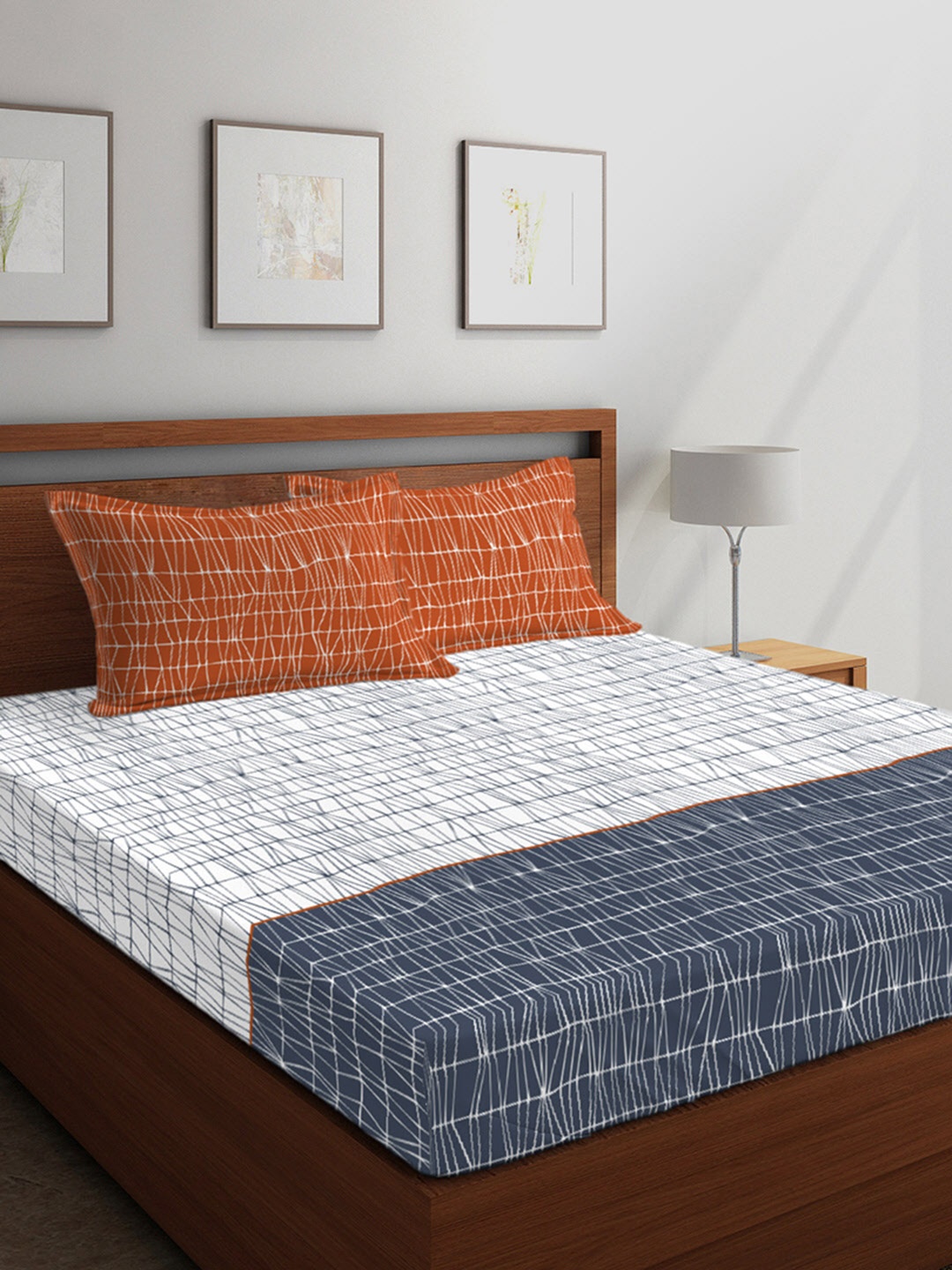 

Boutique Living India White & Navy Blue Striped 300 TC Cotton 1 King Bedsheet with 2 Pillow Covers