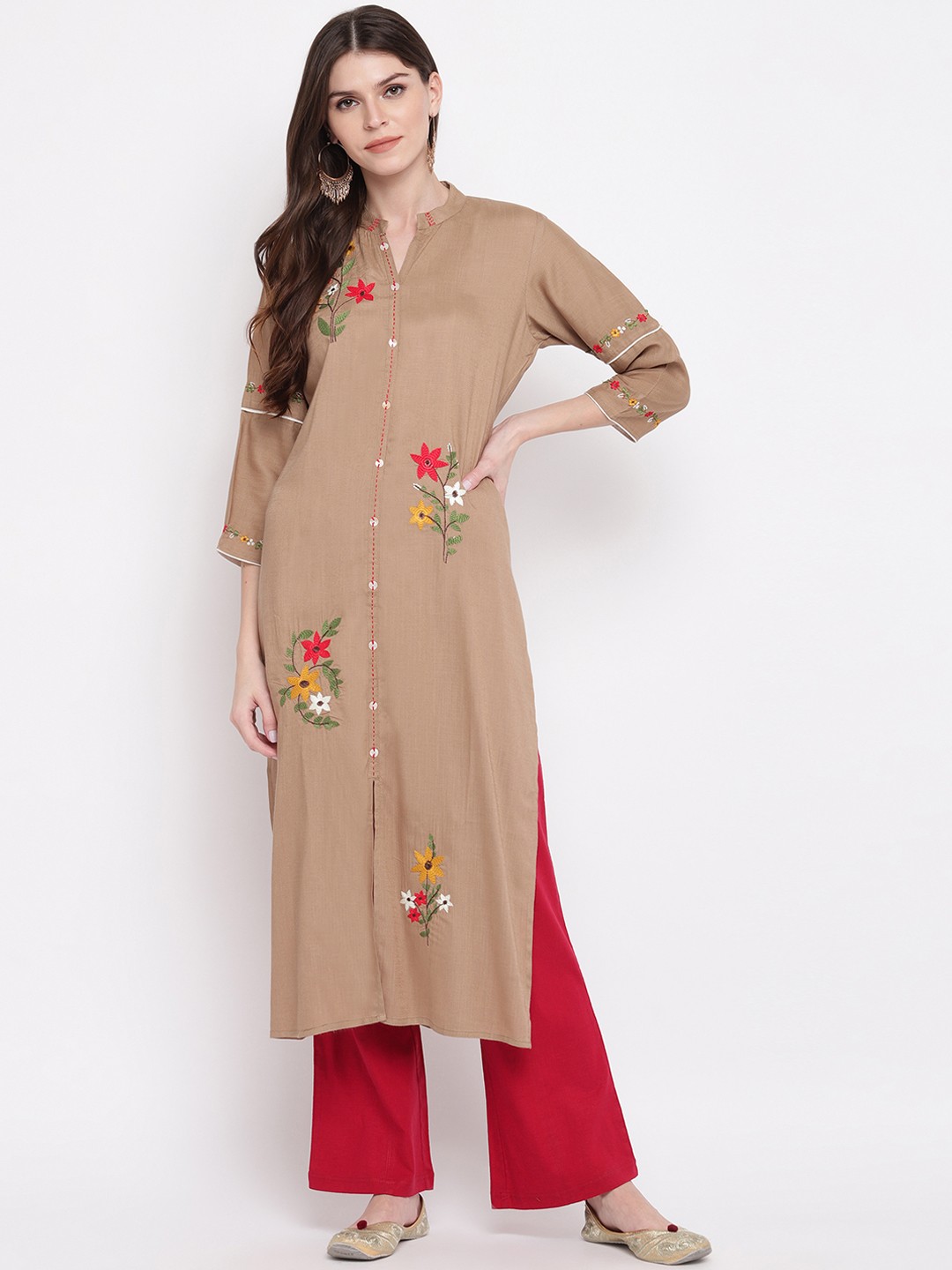 

Vbuyz Women Brown Embroidered A-Line Kurta