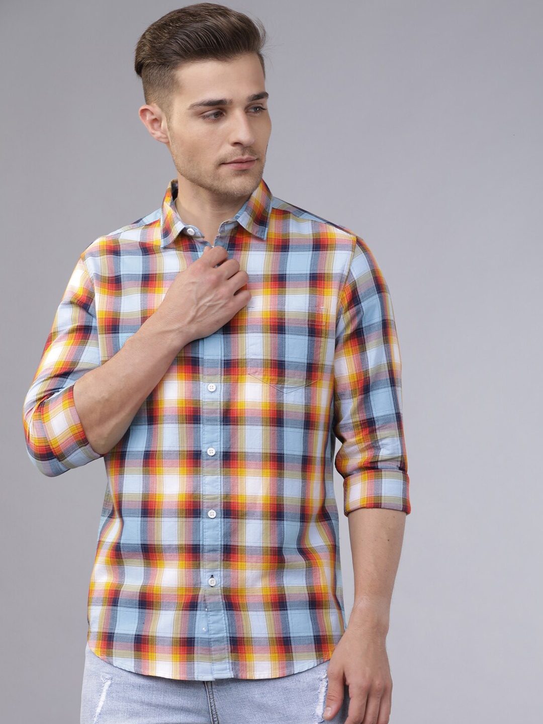 

HIGHLANDER Men Blue & Yellow Slim Fit Checked Casual Shirt
