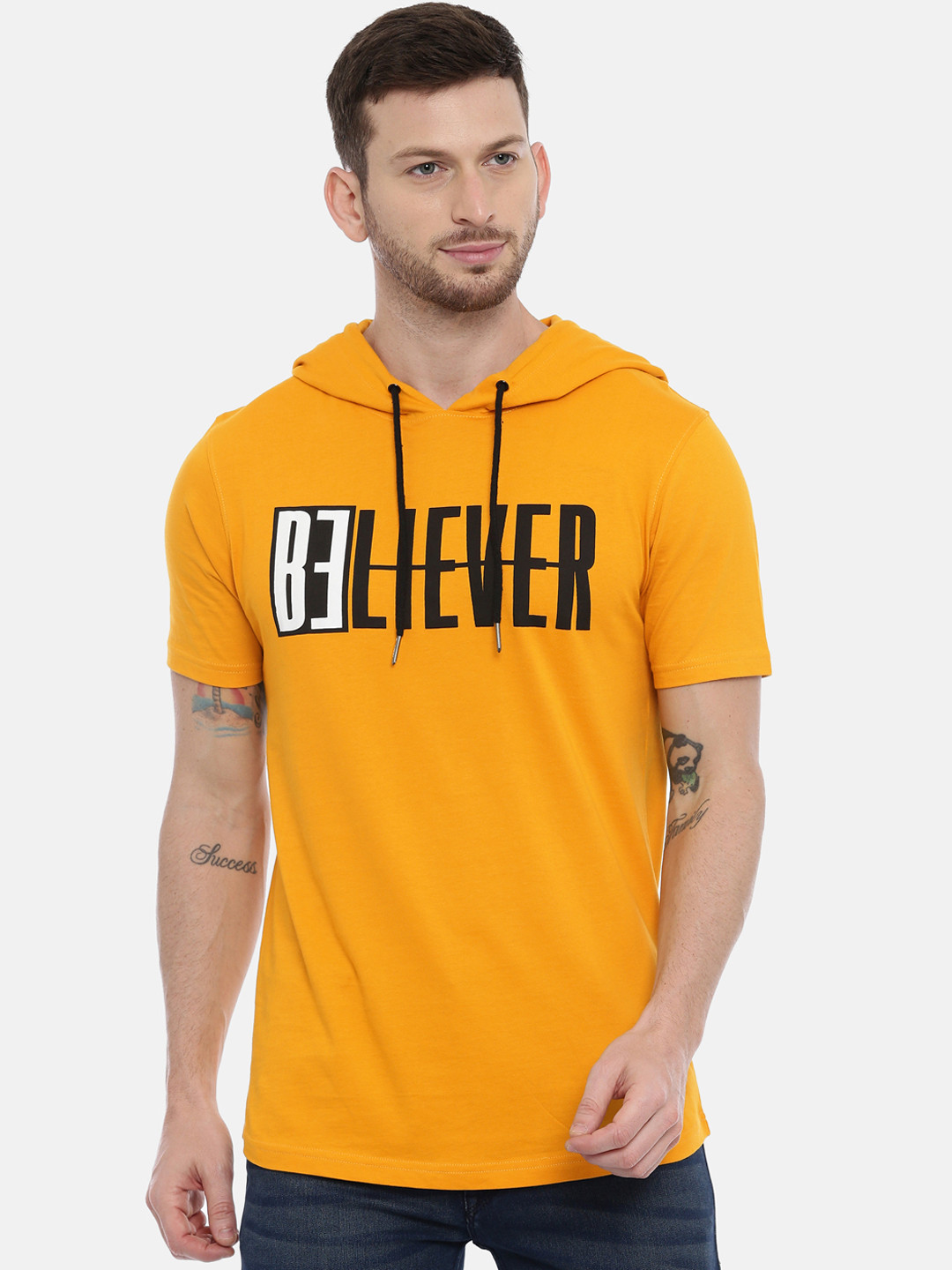

Bushirt Men Mustard Yellow Black Printed Hooded Pure Cotton T-shirt