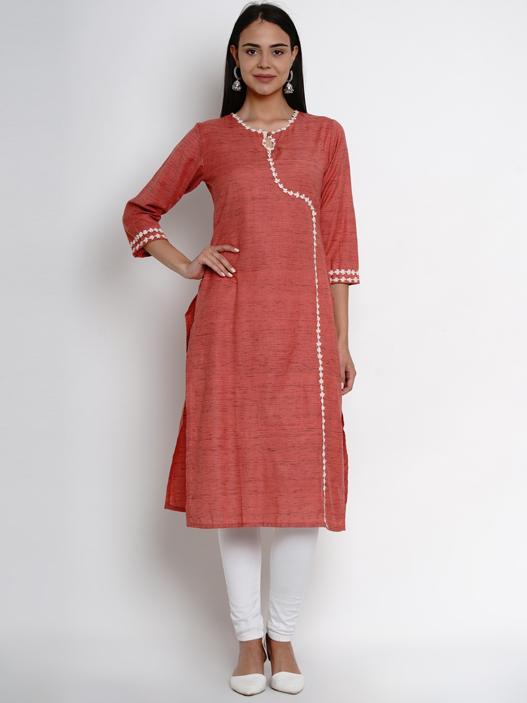 

Bhama Couture Women Peach-Coloured Solid Straight Kurta