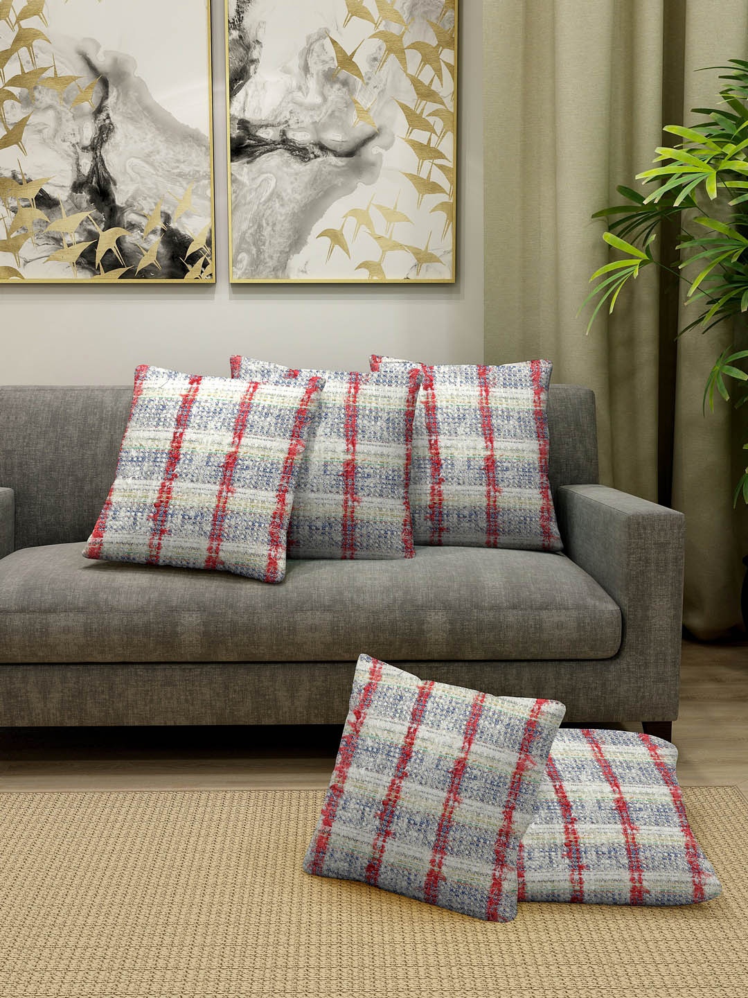 

KLOTTHE Set Of 5 Off-White & Blue Checked Square Cushions