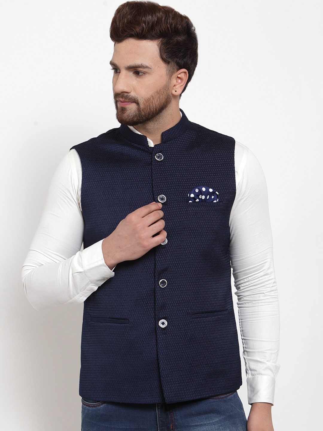 

MAXENCE Men Navy Blue Woven Design Nehru Jacket With Pocket Square