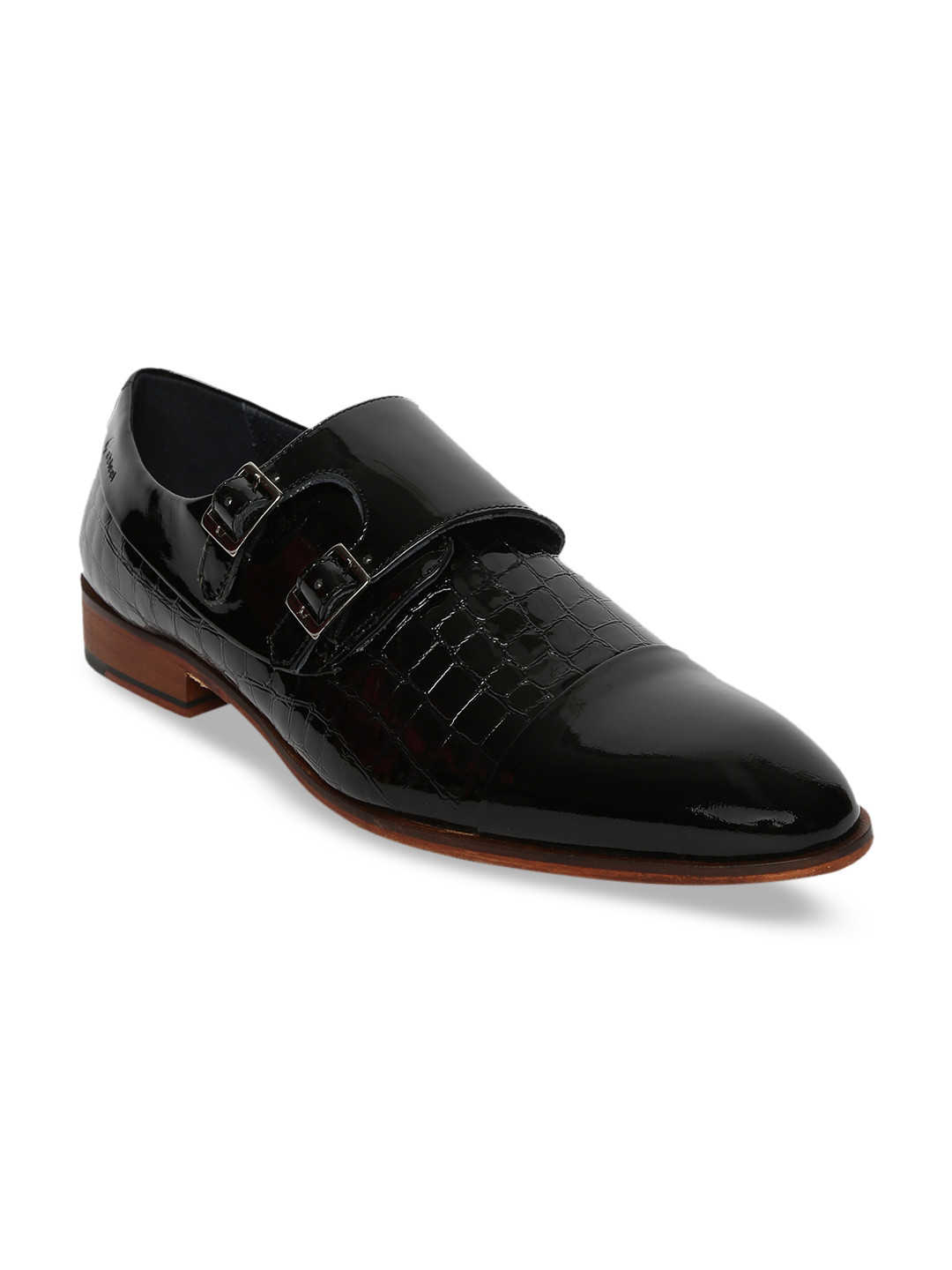 

GABICCI Men Black Textured Birch Patent Leather Formal Monks
