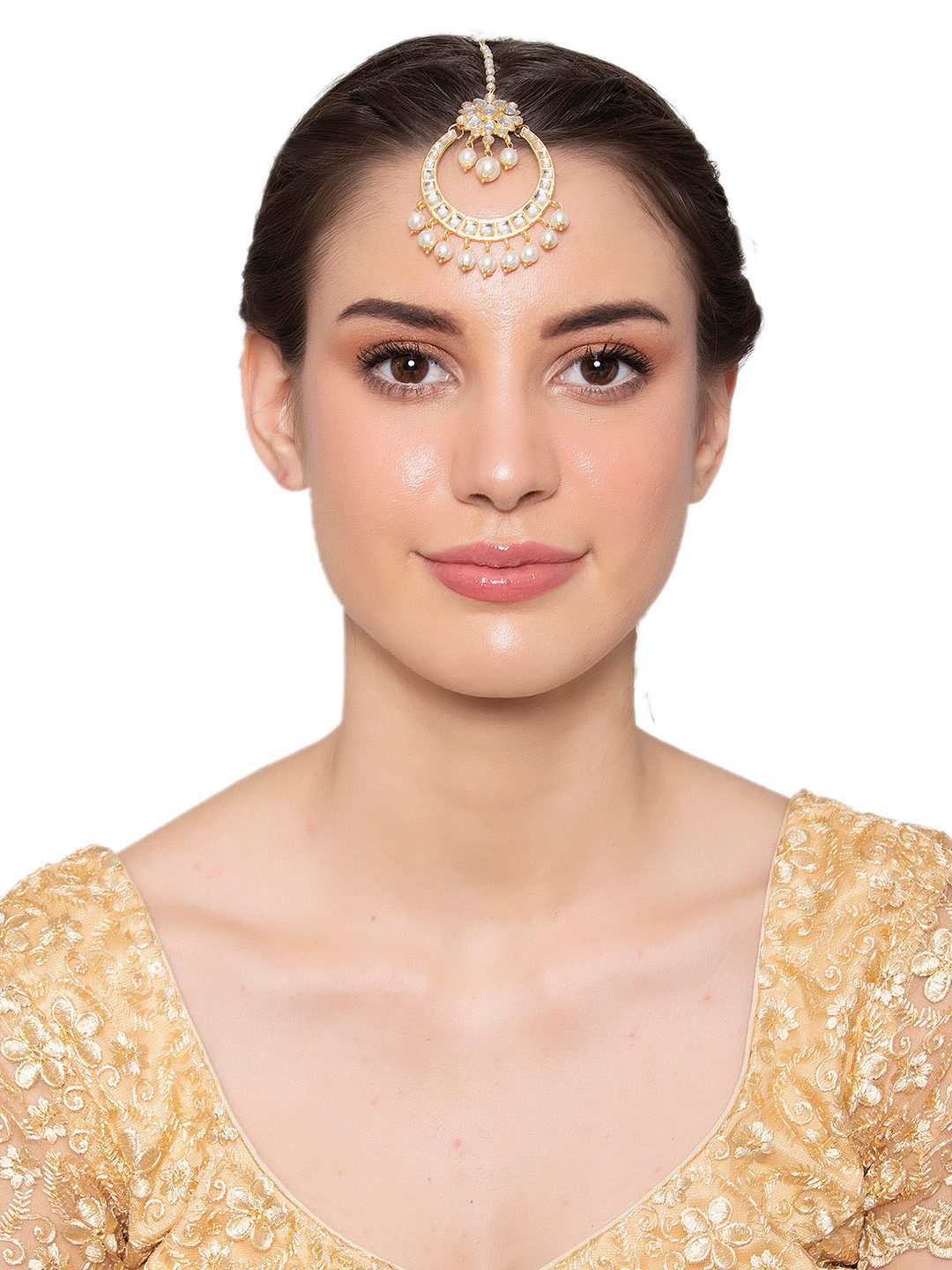 

Shoshaa 22 Kt Gold-Plated White Kundan-Studded Pearls Handcrafted Maang Tikka