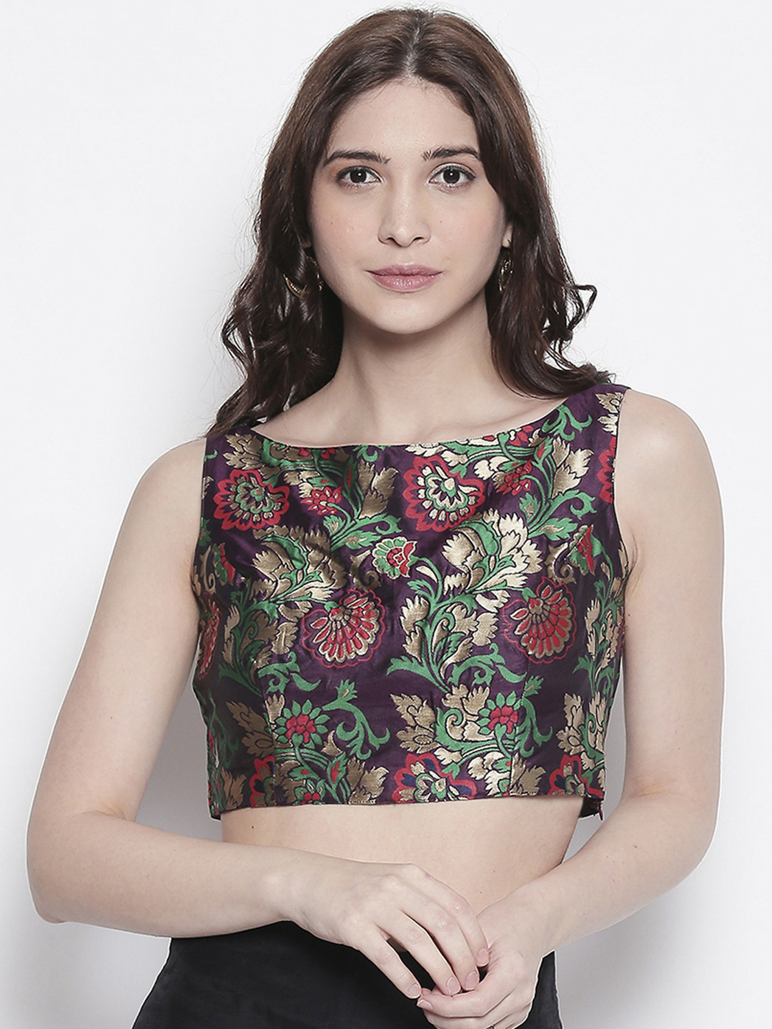 

Desi Weavess Women Purple & Red Woven Design Jacquard Saree Blouse