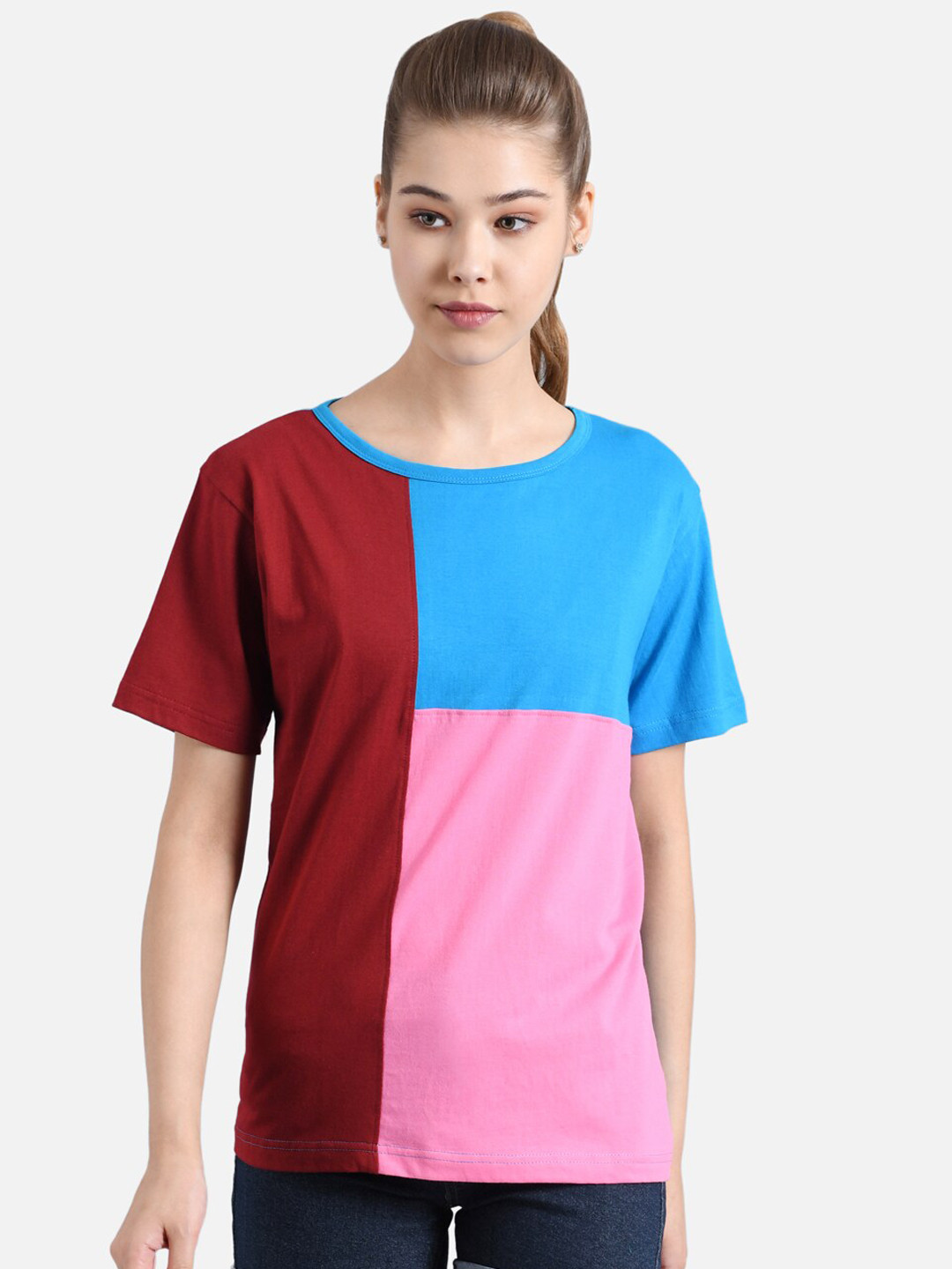 

Kotty Women Multicoloured Colourblocked Round Neck T-shirt, Red