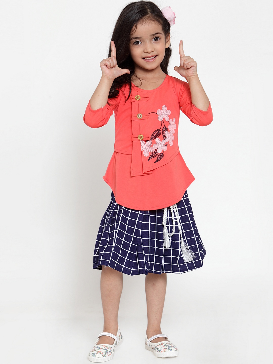 

Aarika Girls Orange & Navy Blue Printed Top with Skirt
