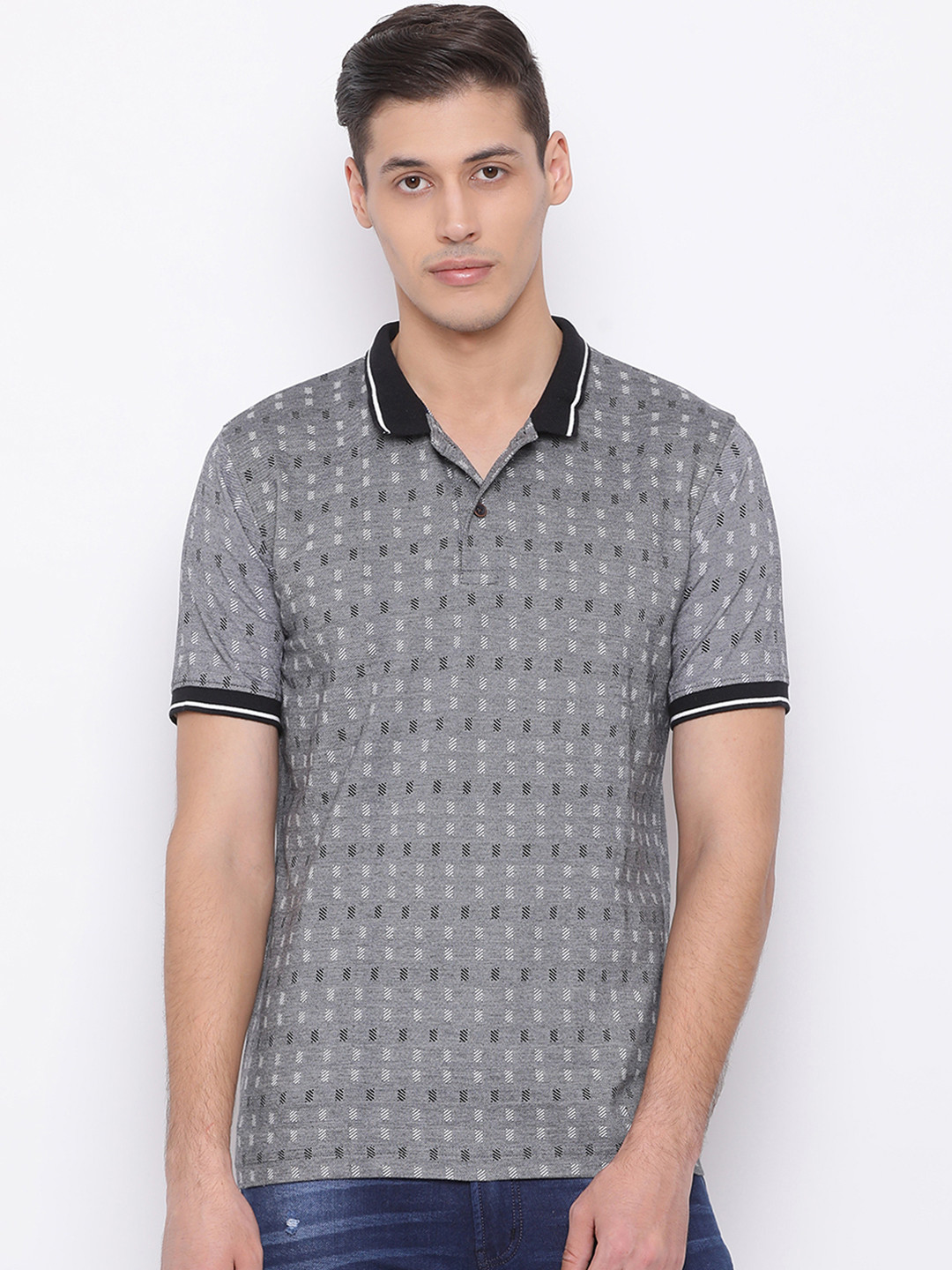 

Richlook Men Grey Self Design Polo Collar T-shirt