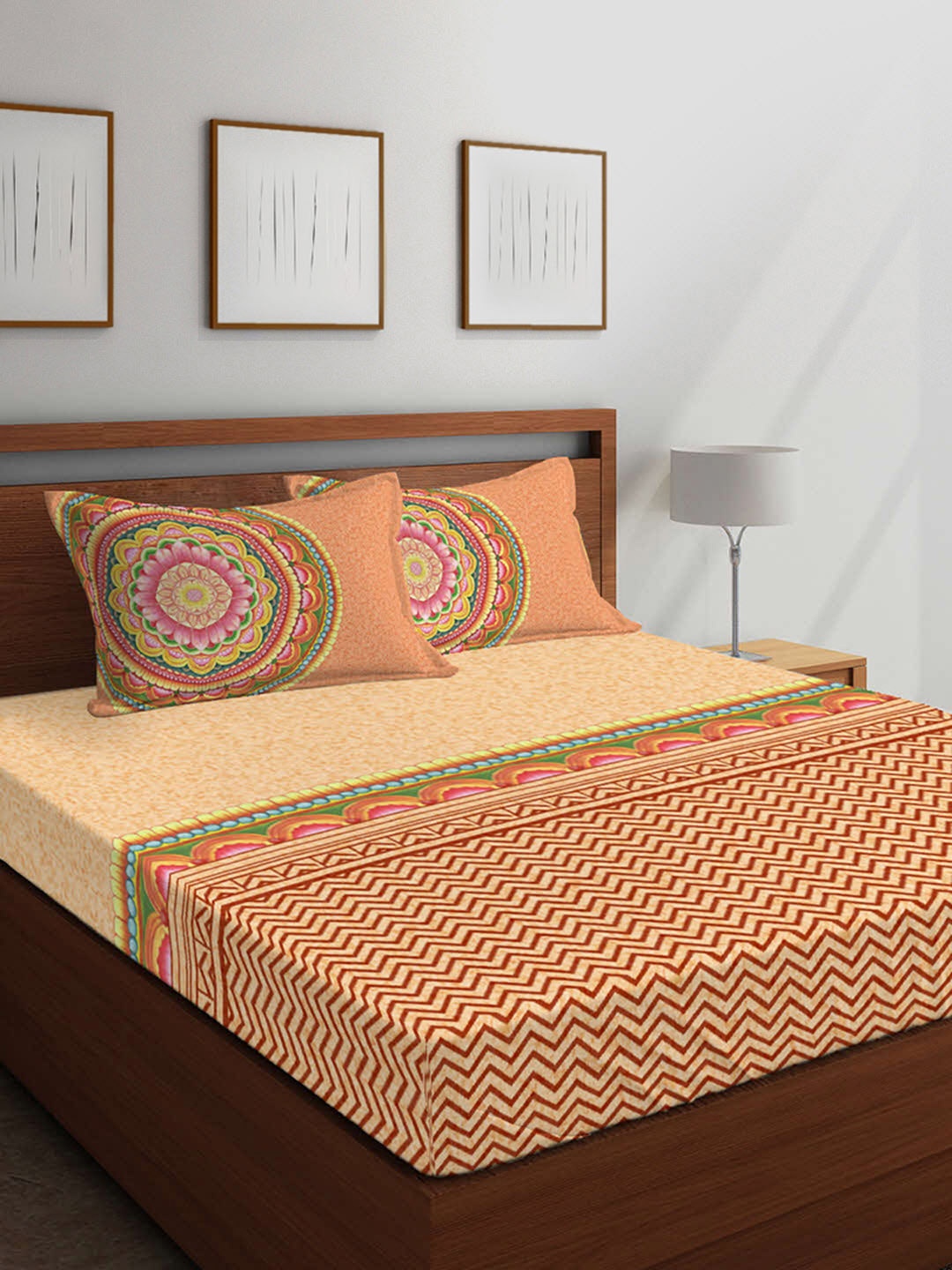 

Boutique Living India Peach-Coloured & Red Striped 400 TC Cotton 1 King Bedsheet with 2 Pillow Covers