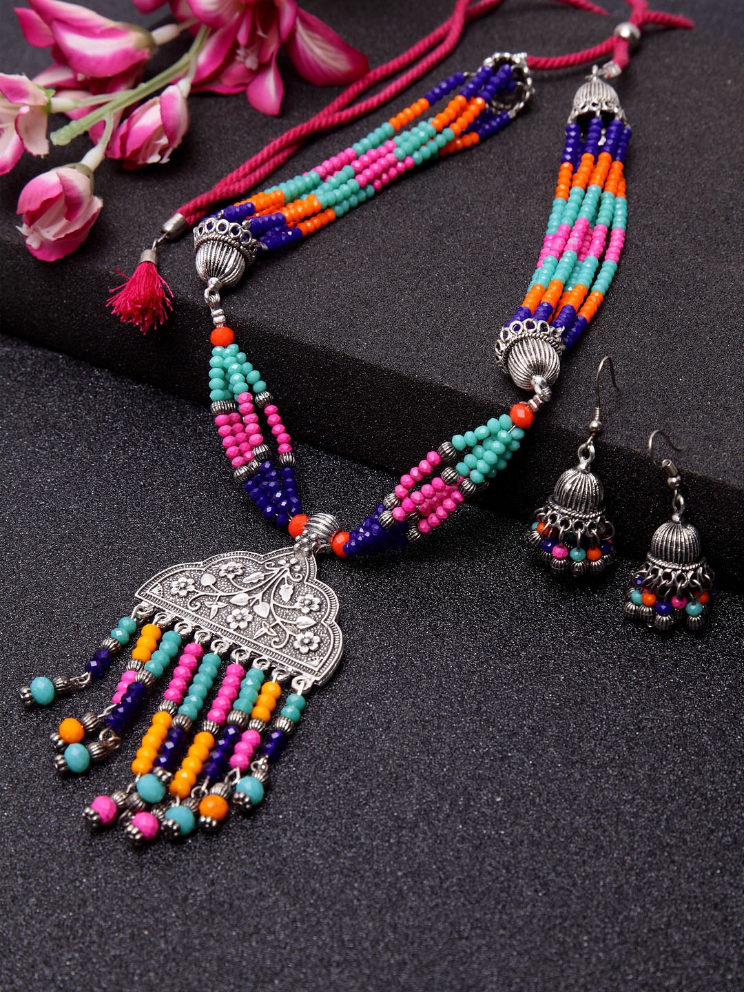 

Moedbuille Silver-Plated Pink & Blue Crystal Studded Antique Filigree Work Temple Handcrafted Jewellery Set