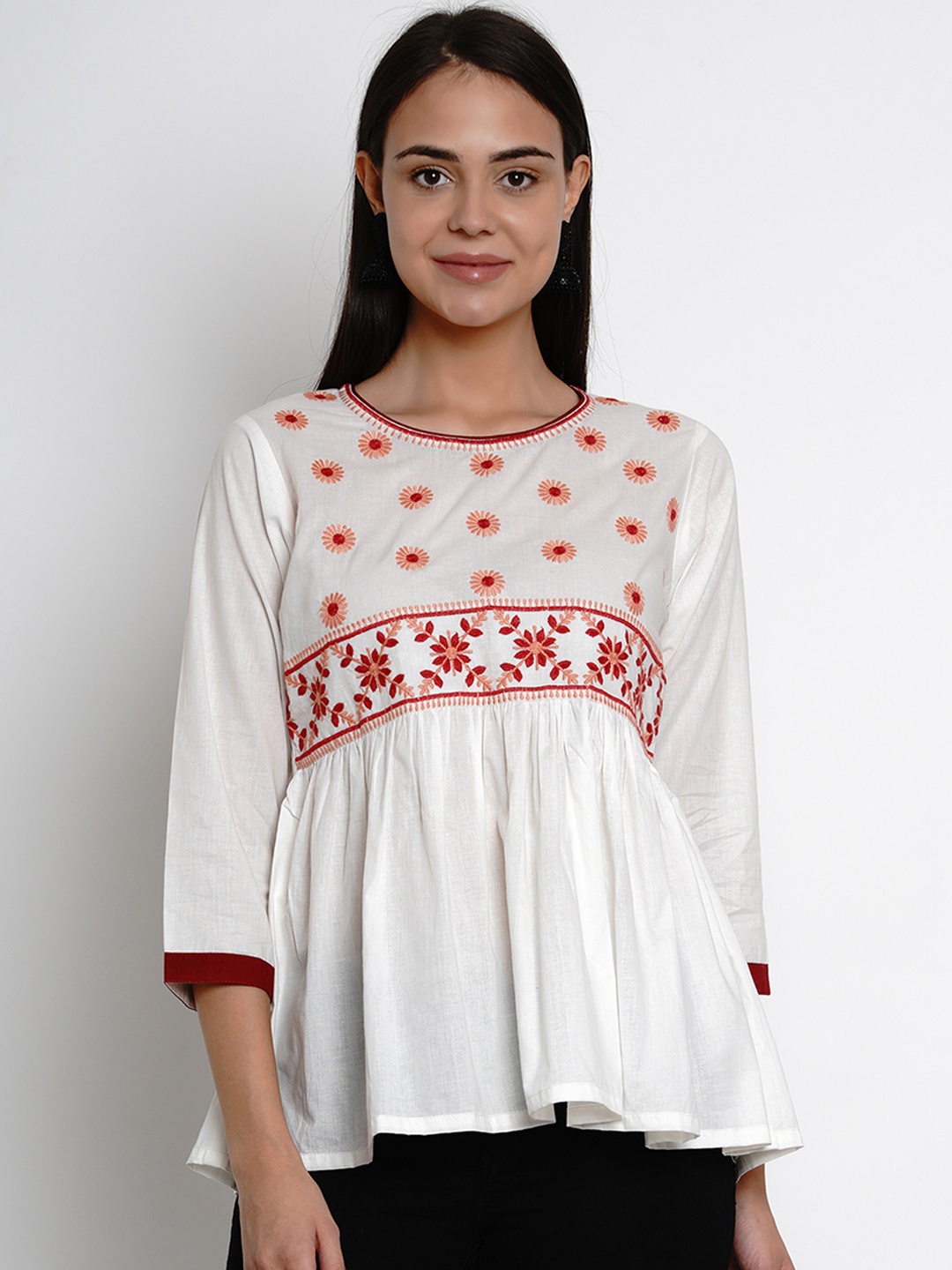 

Bhama Couture Women White & Red Embroidered Empire Top