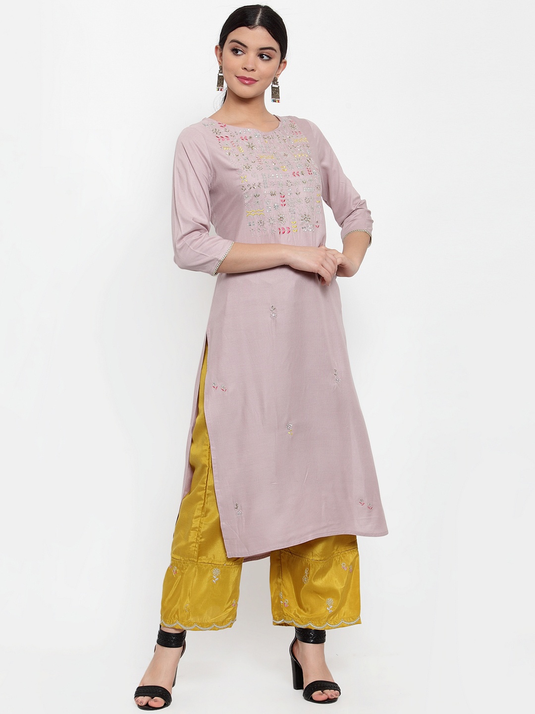 

ANAISA Women Peach-Coloured Floral Embroidered Regular Thread Work Kurta with Palazzos