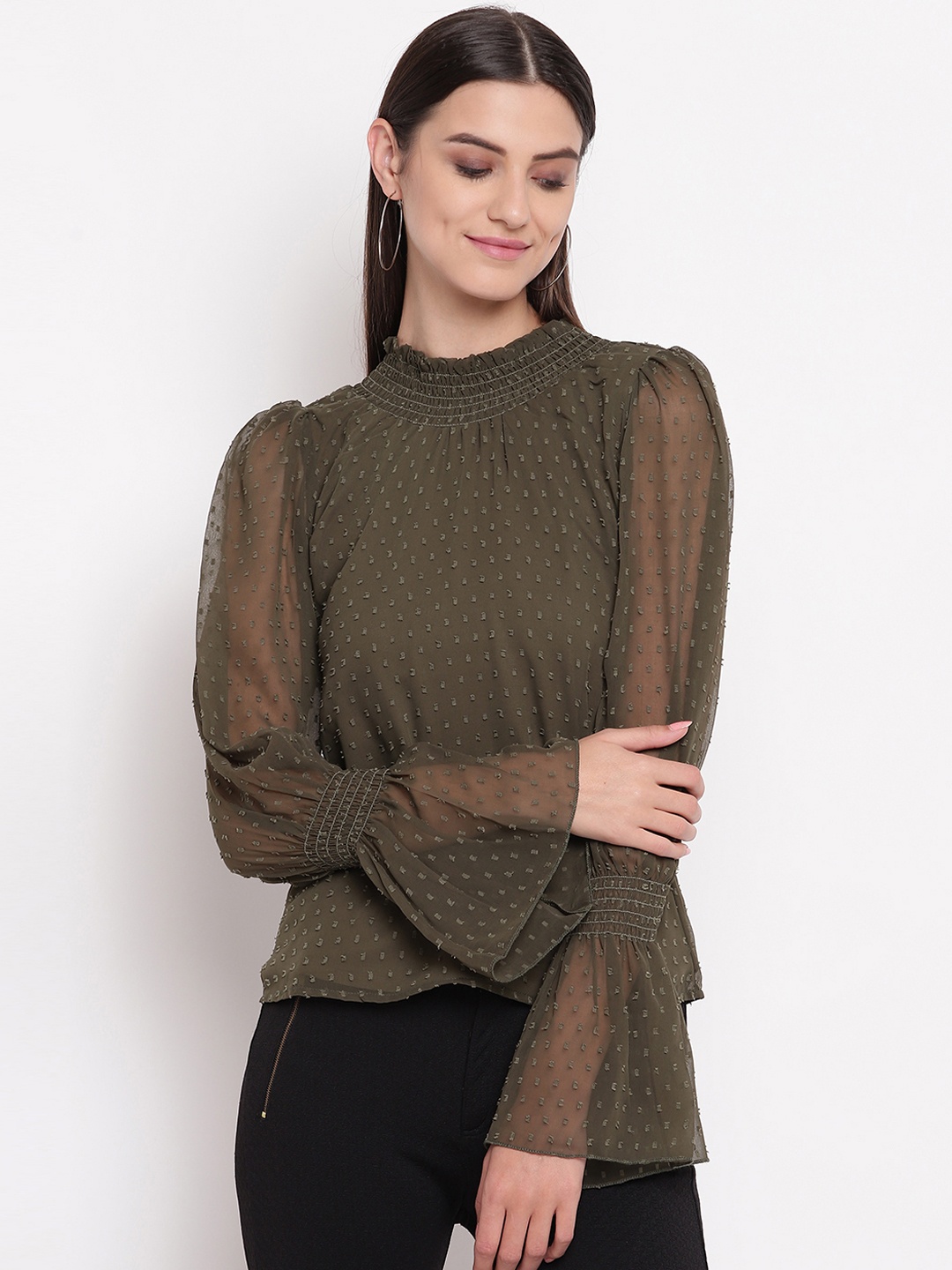 

AKIMIA Women Olive Green Solid Blouson Top