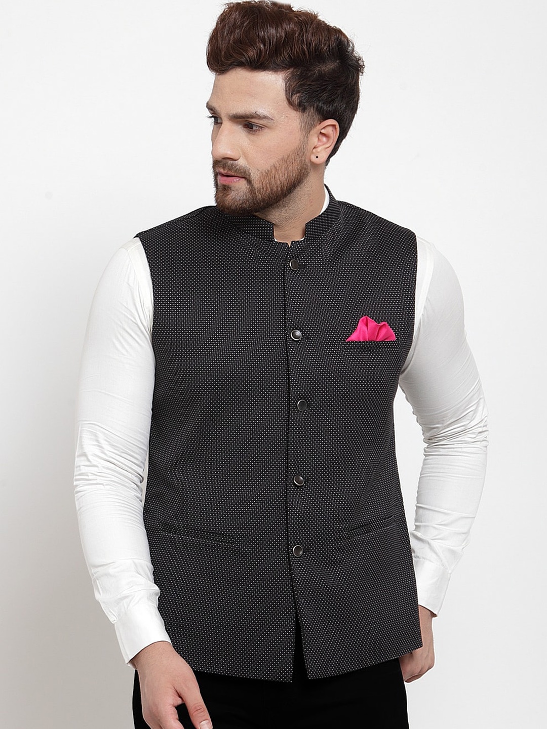 

MAXENCE Men Black Self Design Jacquord Nehru Jacket With Pocket Square