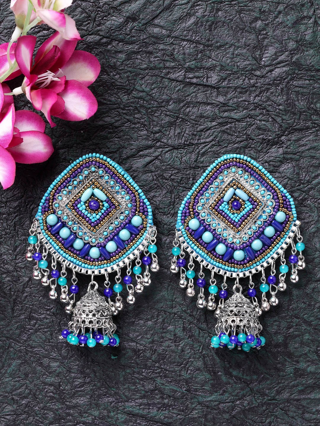 

Moedbuille Brass Plated Blue Handcrafted Afghan Beaded Dome Shaped Drop Earrings