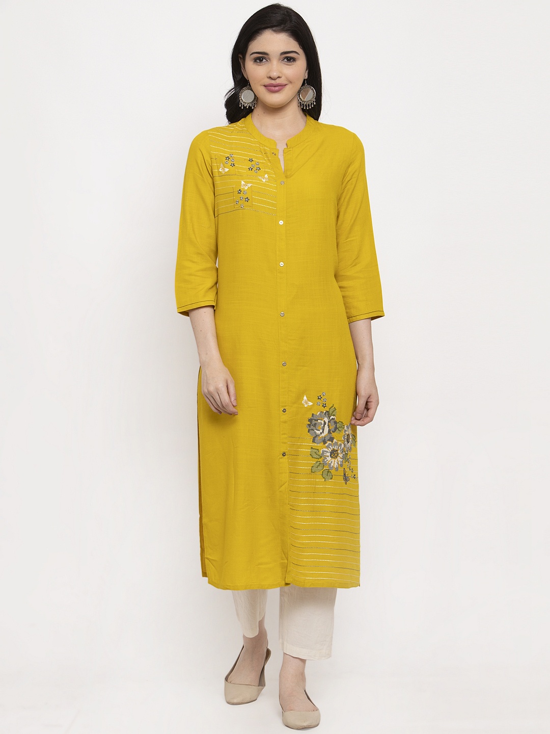 

ANAISA Women Mustard Embroidered Straight Kurta
