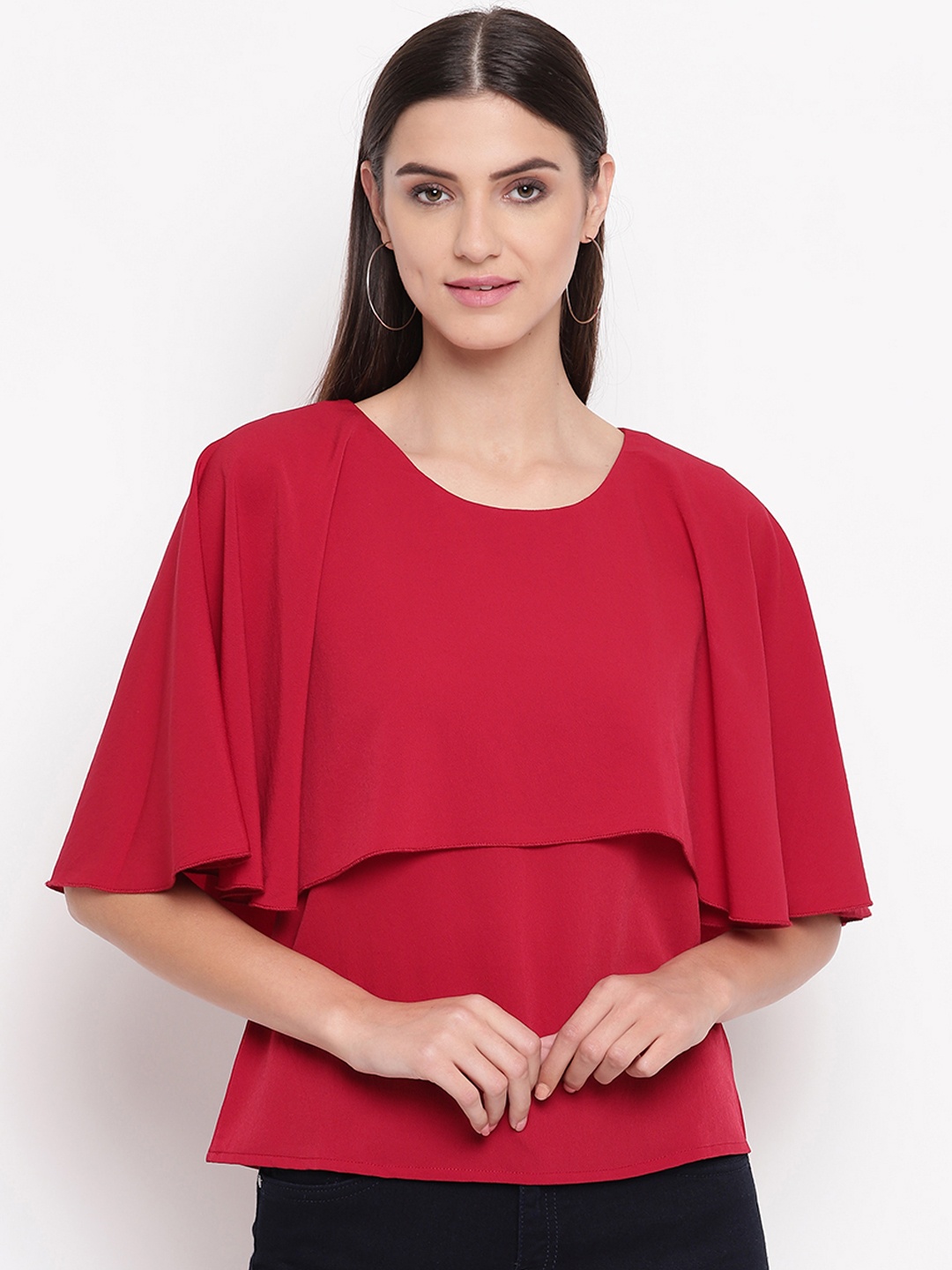 

AKIMIA Women Red Solid Cape Top