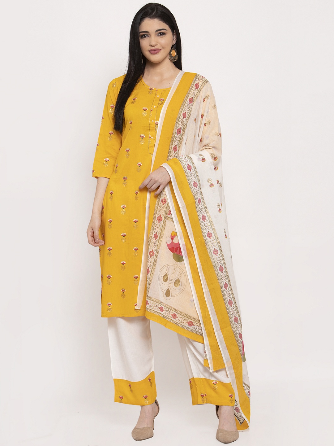 

ANAISA Women Mustard & White Bead Work Foil Printed Kurti with Palazzos & Dupatta