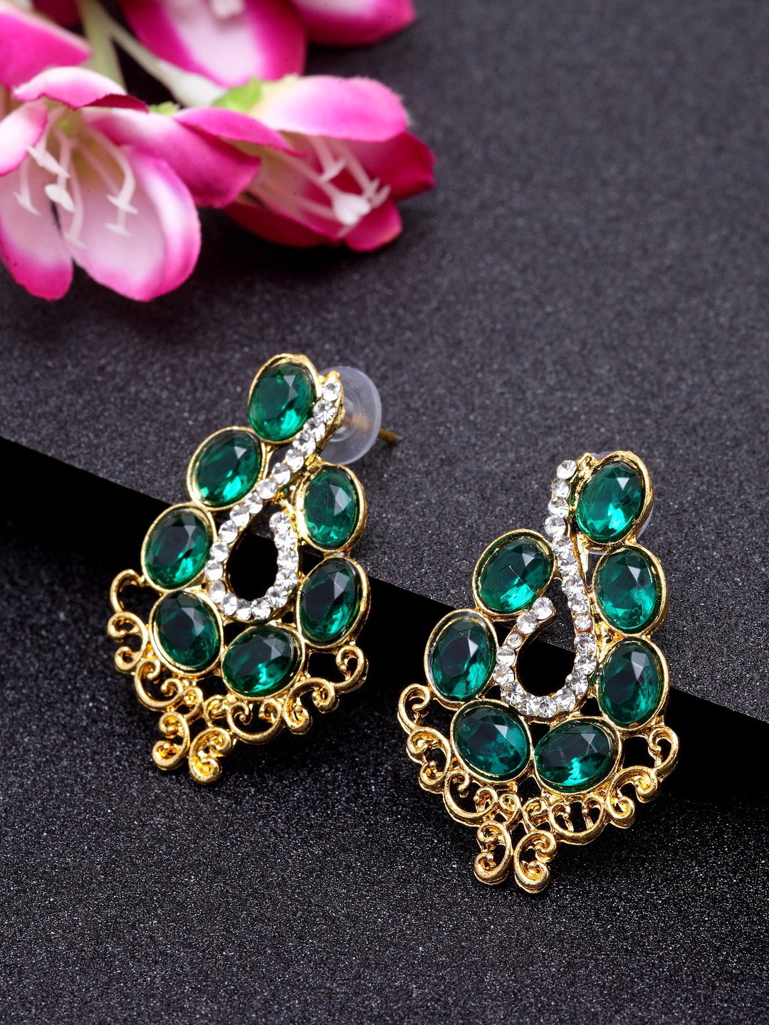 

ANIKAS CREATION Green Gold-Plated Stone Studded Contemporary Drop Earrings