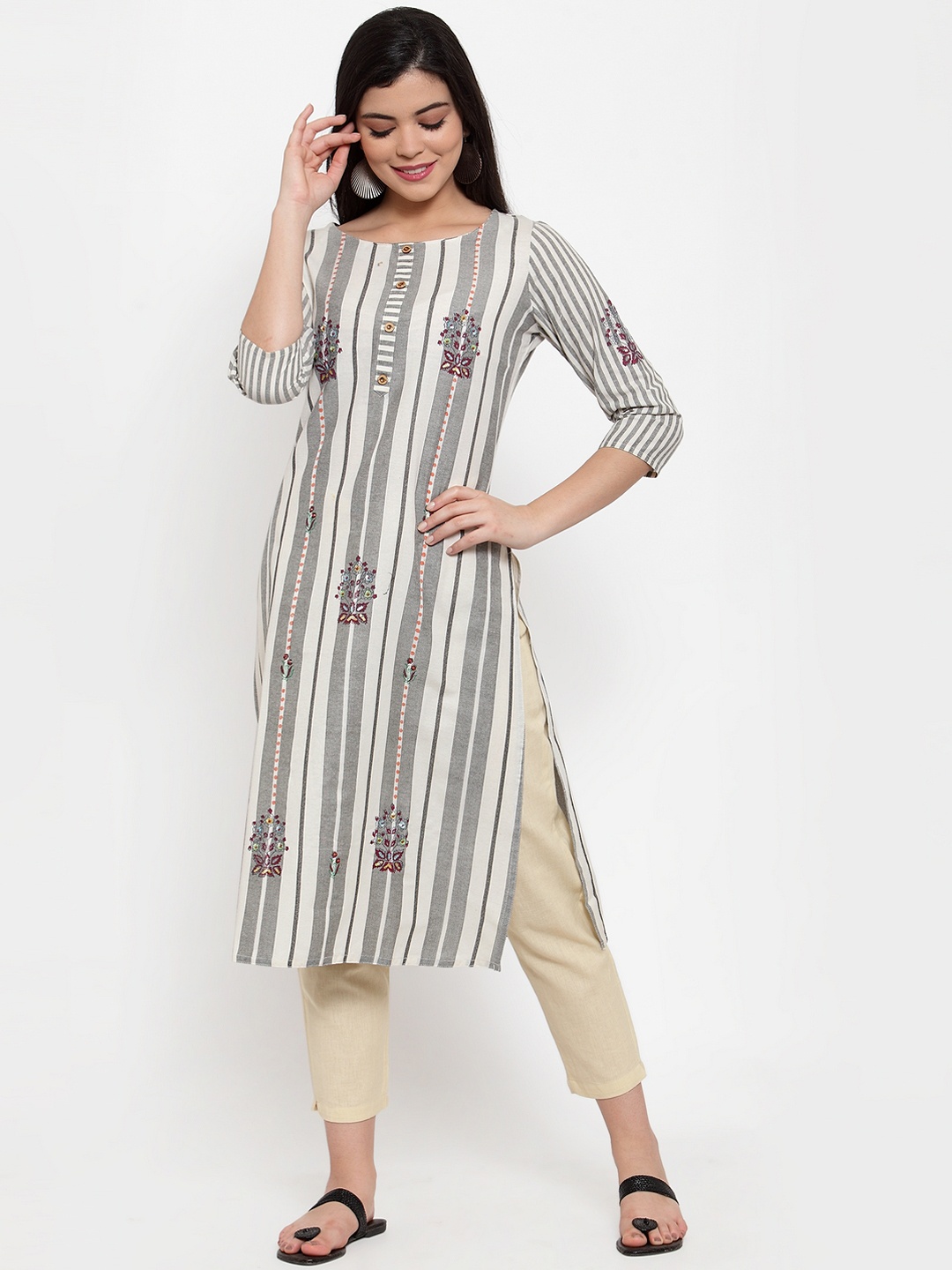 

ANAISA Women Off-White & Grey Striped Straight Kurta with Sequins