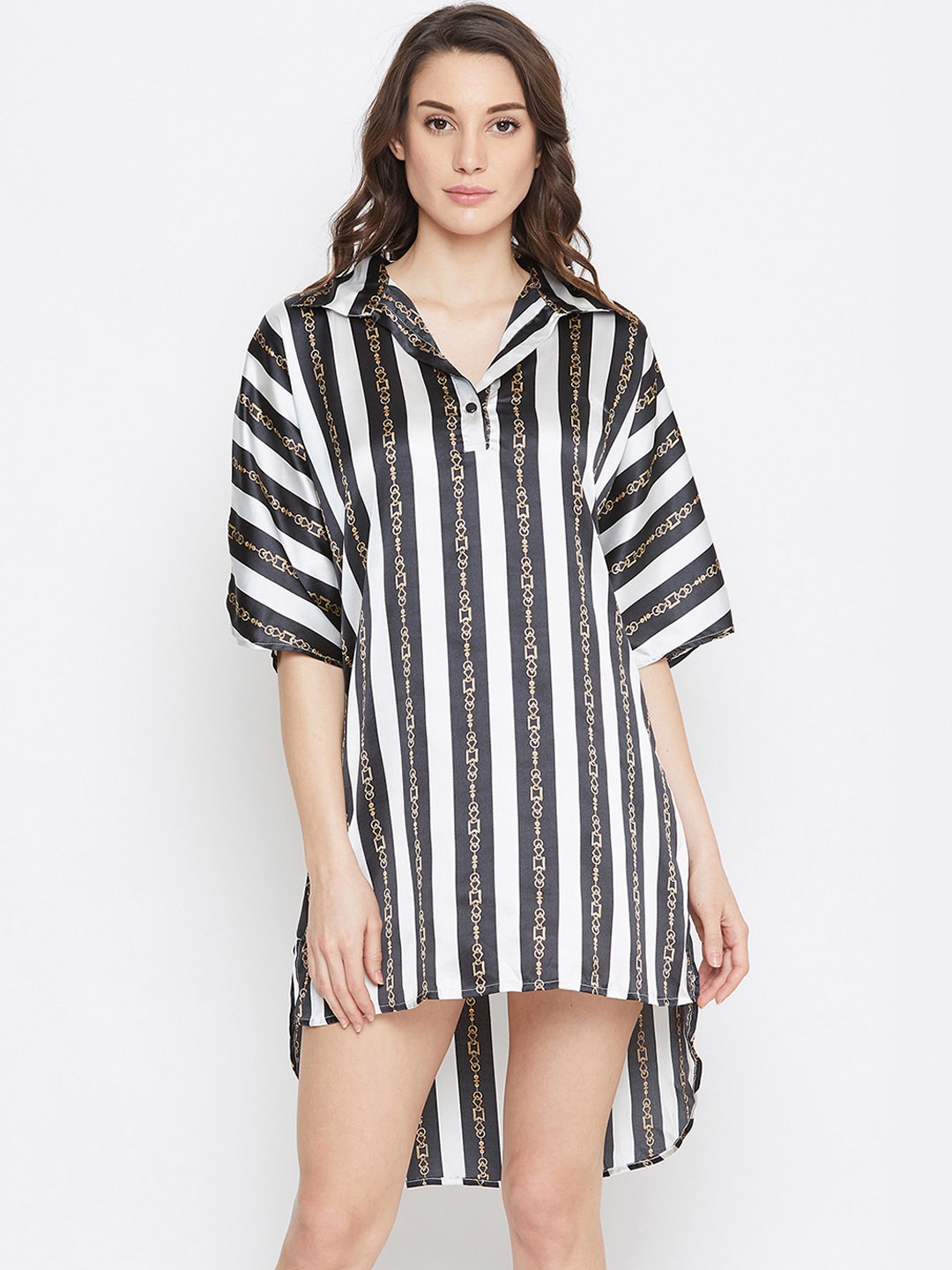 Clovia Black Striped Nightdress