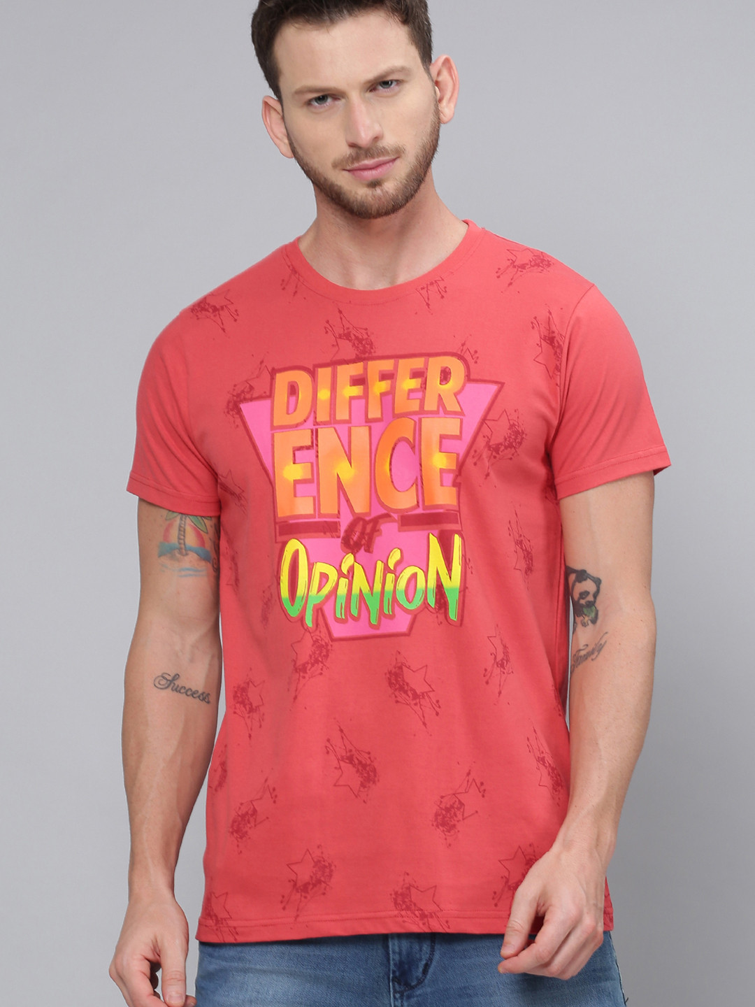 

Difference of Opinion Men Red Printed Round Neck Pure Cotton T-shirt