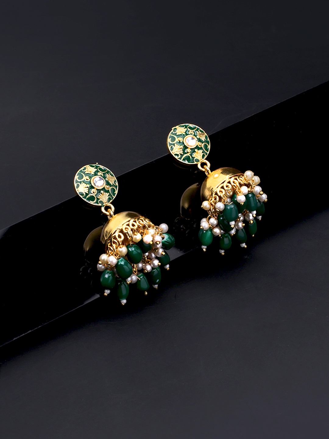 Yellow Chimes Green & Gold Dome Shaped Meenakari Jhumkas Earring