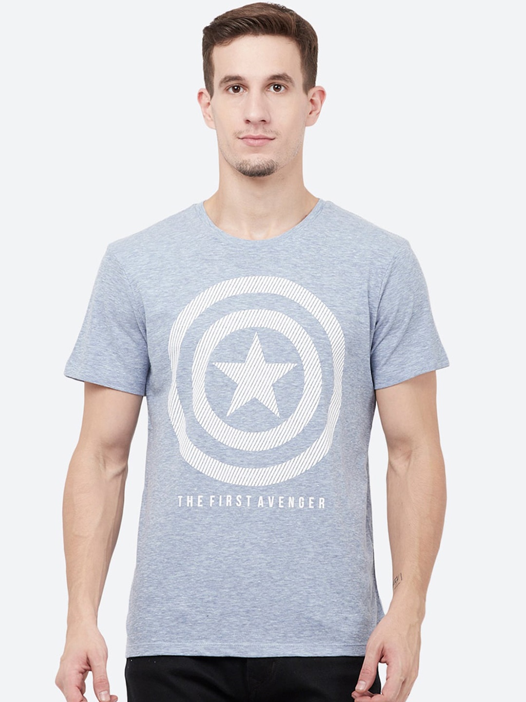 

Free Authority Men Blue Melange CAPTAIN AMERICA Print Round Neck T-shirt