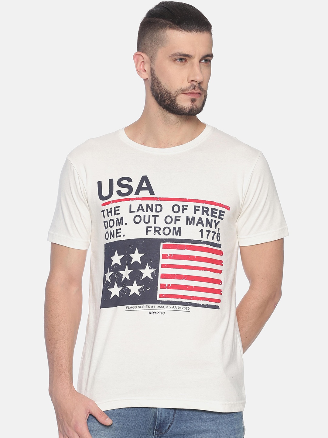 

Kryptic Men Off-White Blue USA Flag Print Pure Cotton T-shirt