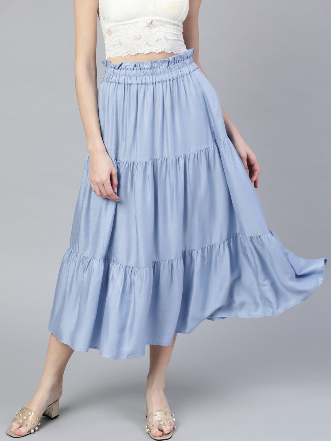 

STREET 9 Women Blue Solid Tiered Midi Skirt