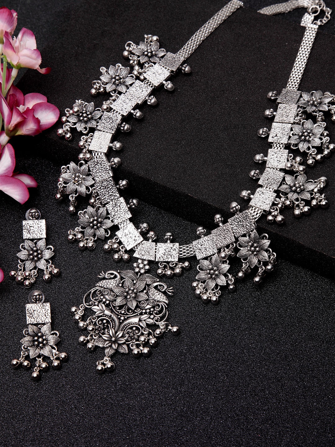 Moedbuille Oxidised Silver-Plated Floral Design Tasseled Tribal Handcrafted Jewellery Set