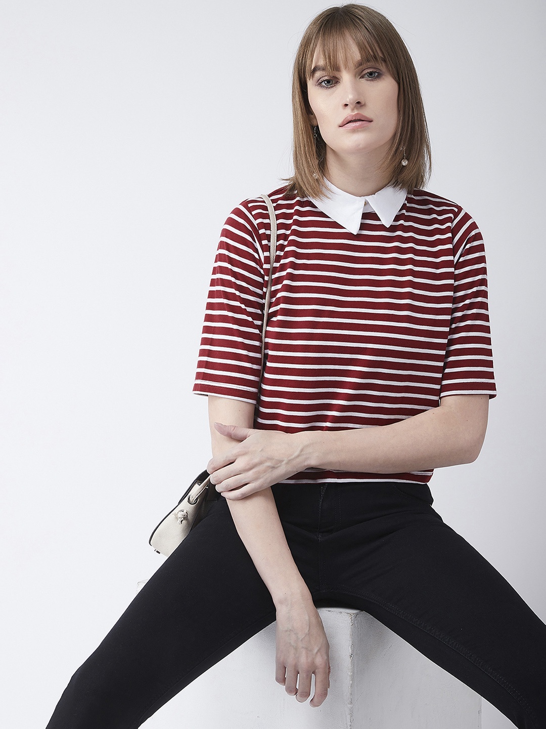 

Miss Chase Women Maroon & White Striped Pure Cotton Top