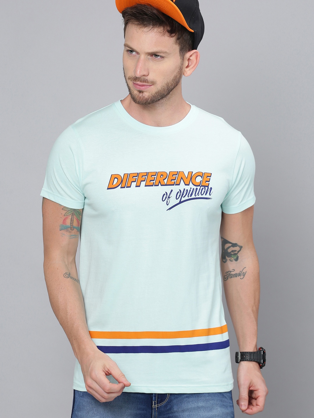 

Difference of Opinion Men Blue Orange Printed Round Neck Pure Cotton T-shirt