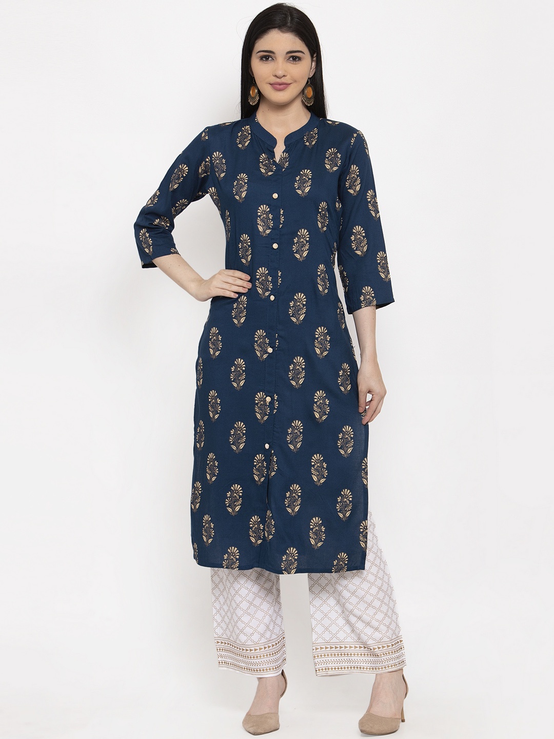 

ANAISA Women Teal Blue & Cream-Coloured Foil Print Kurta with Palazzos