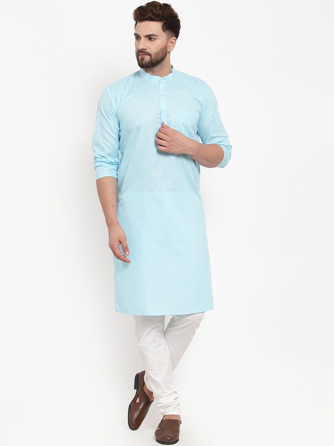 

Benstoke Men Blue & White Solid Kurta with Churidar