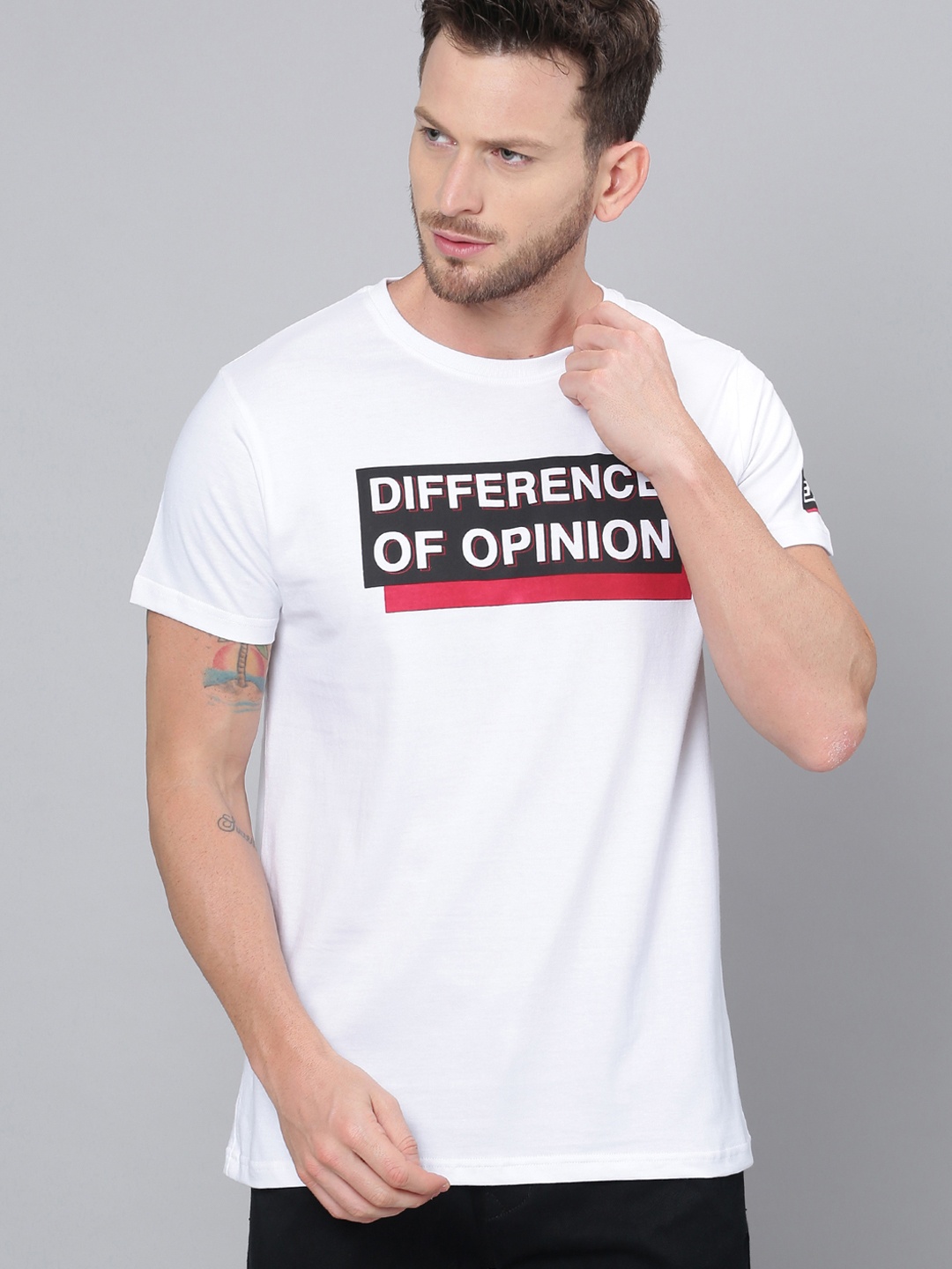 

Difference of Opinion Men White Printed Round Neck Pure Cotton T-shirt