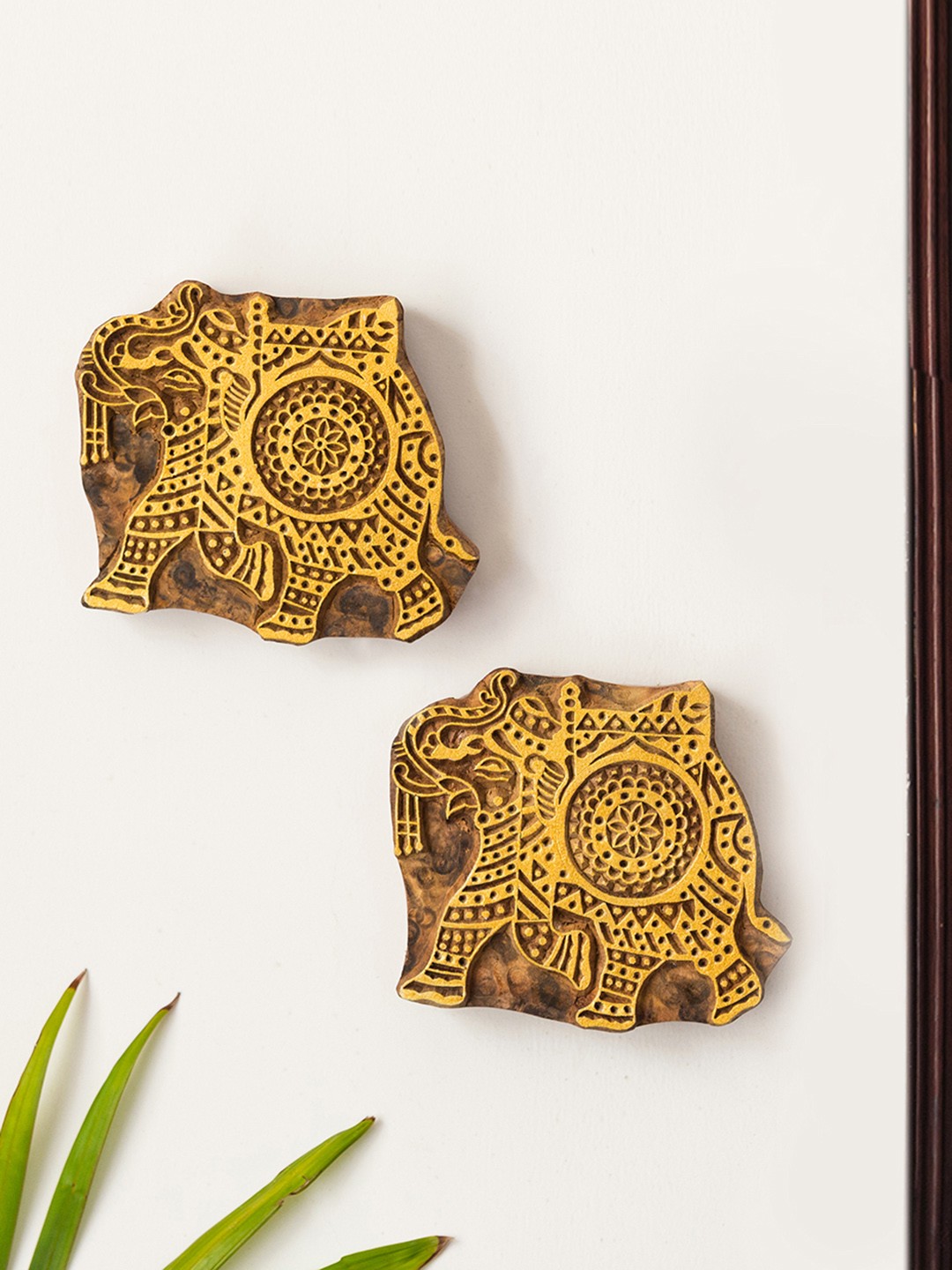 

ExclusiveLane Yellow & Brown Set of 2 Tusker Duo Hand Carved Block Wall Decor