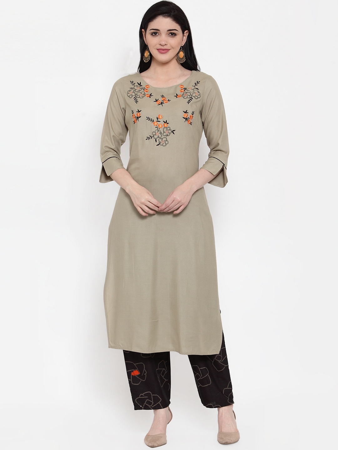 

ANAISA Women Taupe & Black Embroidered Kurta with Trousers