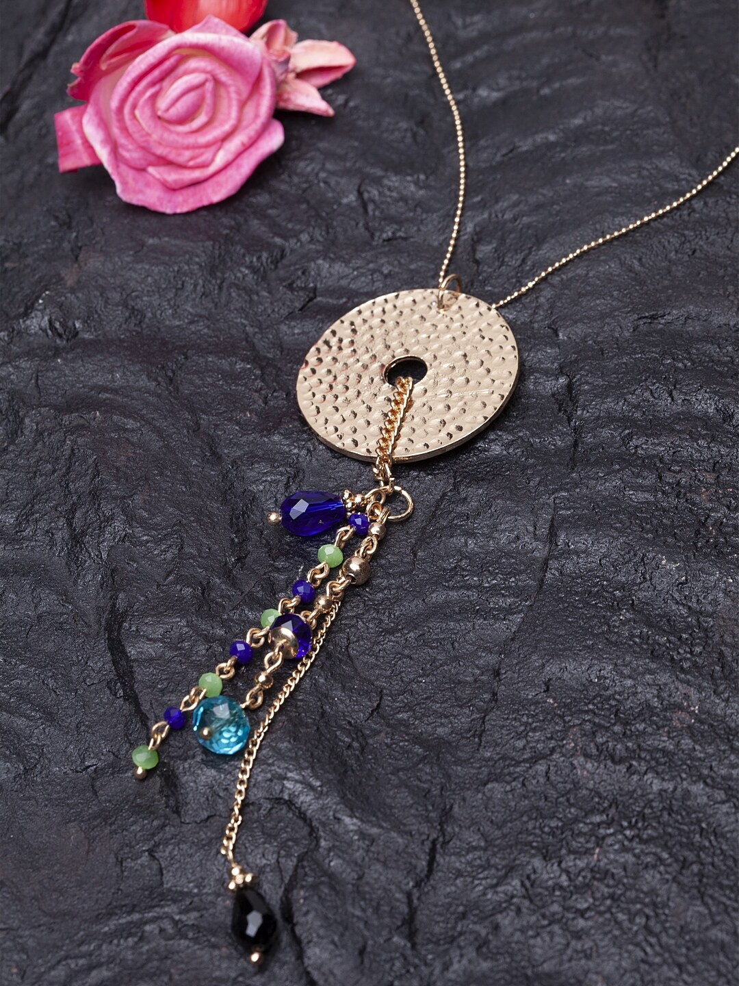 Madame Rosegold-Toned & Green Multi Charm Drop Necklace, Rose gold