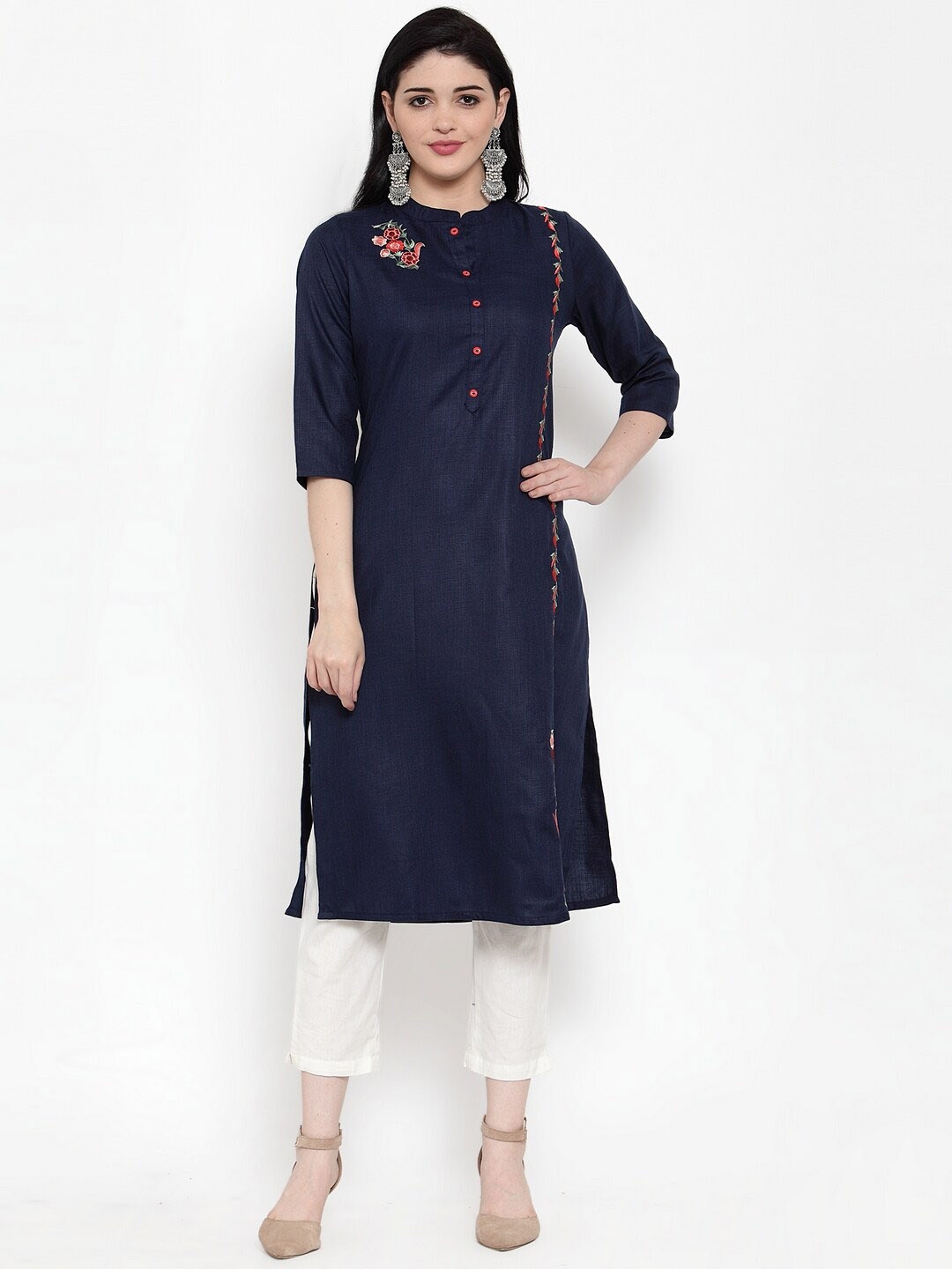 

ANAISA Women Navy Blue Embroidered Straight Kurta