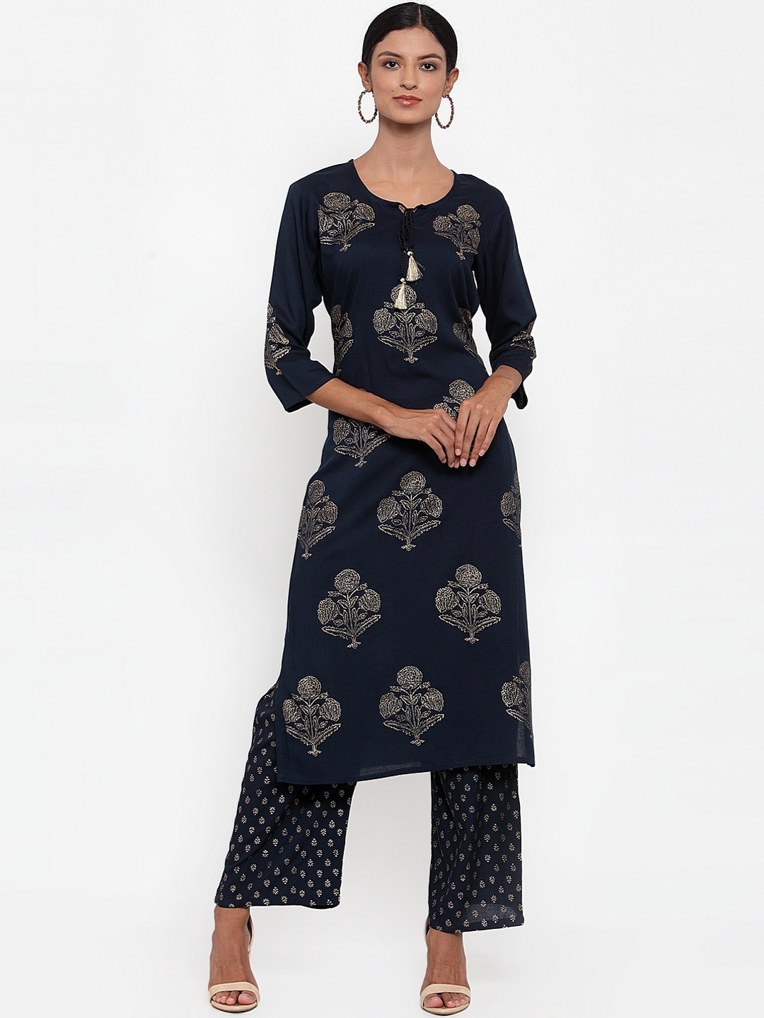 

ANAISA Women Navy Blue & Gold Floral Print Kurta & Palazzos