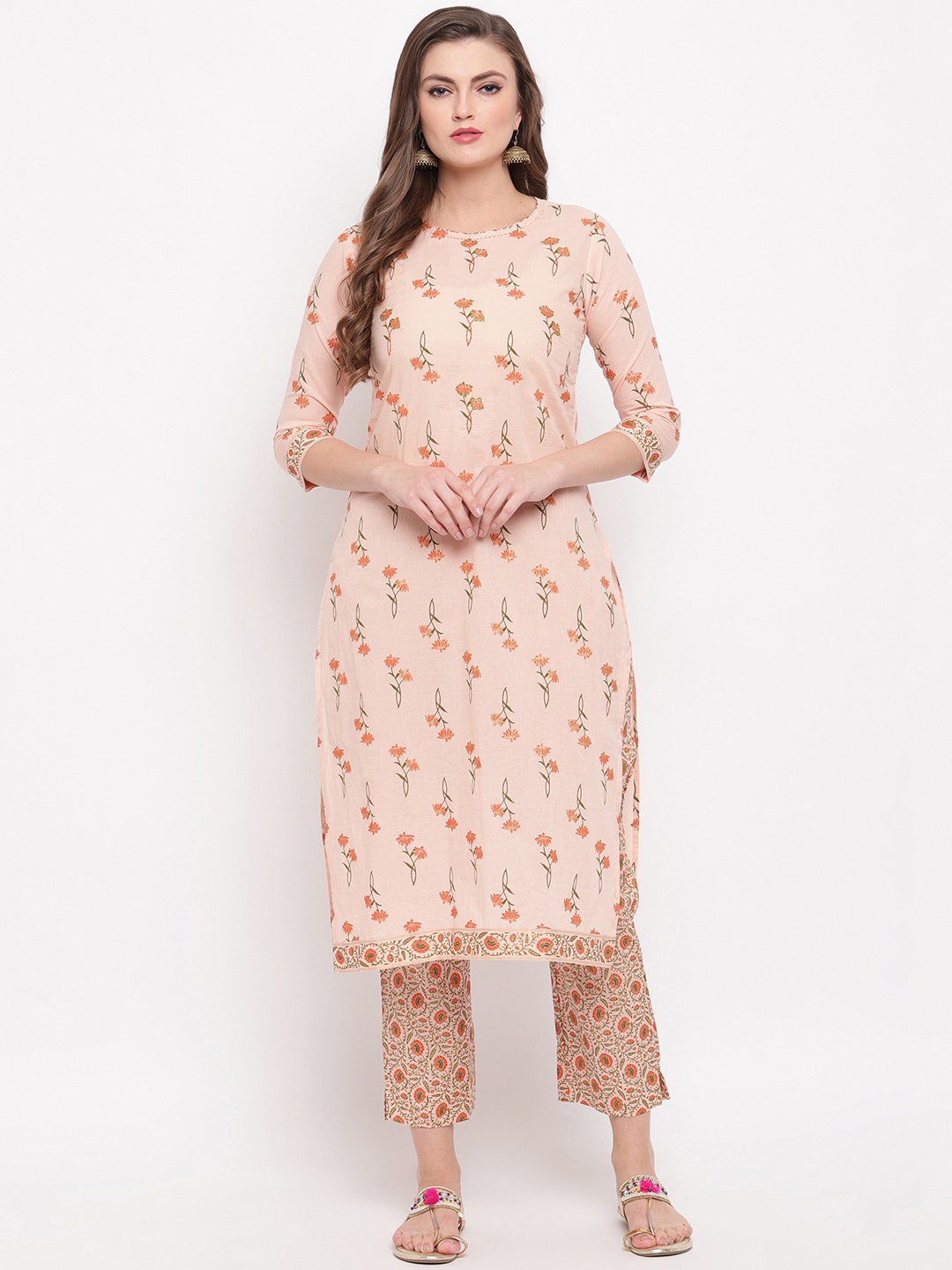 Vbuyz Women Peach-Coloured Floral Printed Kurta with Palazzos