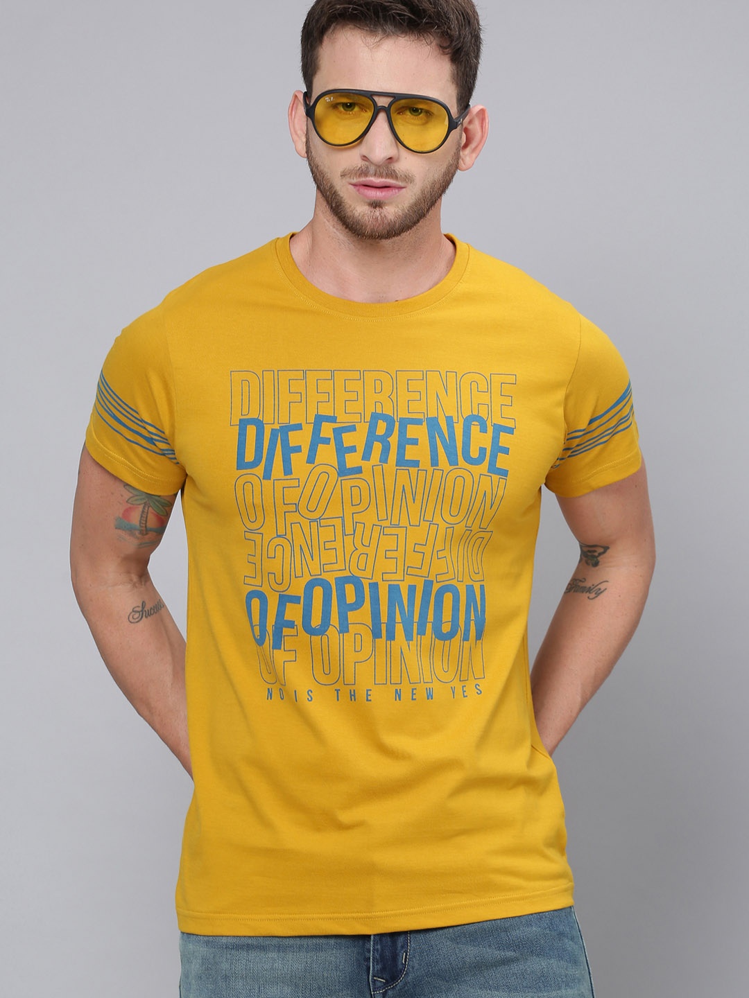 

Difference of Opinion Men Mustard Yellow Printed Round Neck T-shirt